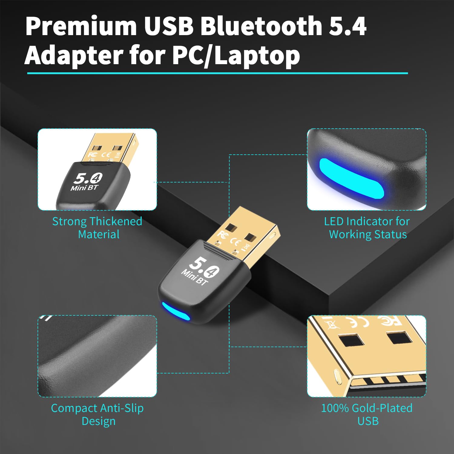 Bluetooth 5.4 USB Adapter for PC & Laptop - Wireless Dongle with 20M Range, Plug & Play for Windows 11/10/8.1/7 - Compatible with Headphones, Speakers, Keyboard & Mouse - Perfect for Home Office, Gaming & Video Conferencing