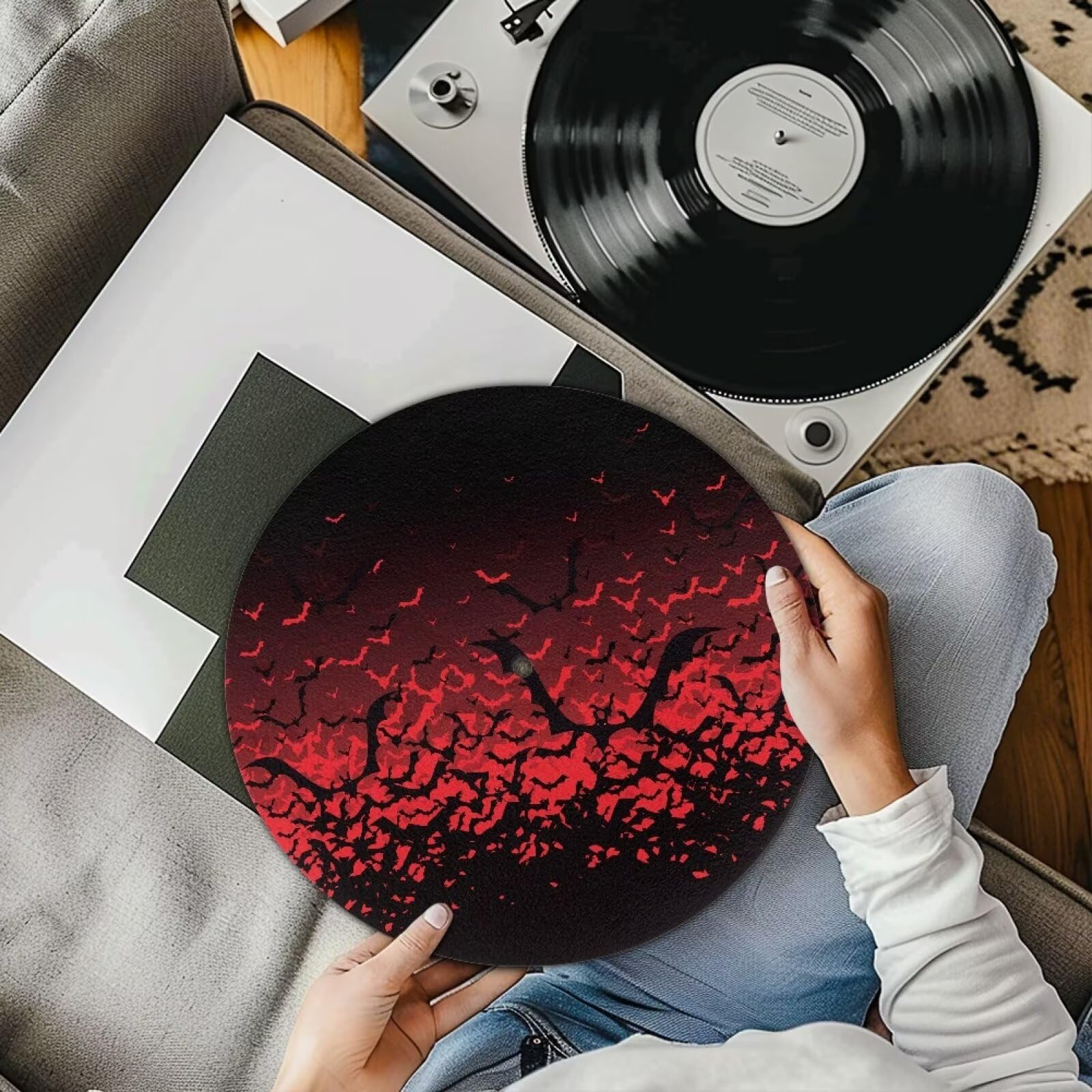 Halloween Bats Red Slipmat - Anti-Static & Anti-Slip Turntable Mat for Vinyl Record Players - Large Rubber Turntable Accessory for DJs & Music Lovers - Perfect for Halloween Parties & Music Studio Decor