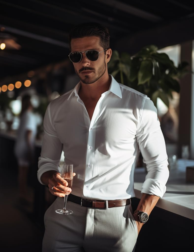 Men's Slim Fit Stretch Dress Shirts - Long Sleeve Solid Business Casual Button Down Shirt for Athletic Build | Perfect for Office Wear, Business Meetings & Formal Occasions