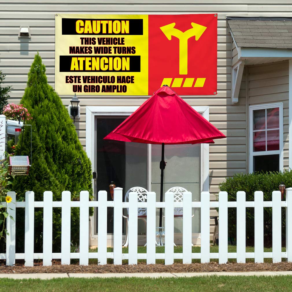 Vinyl Banner Multiple Sizes - Caution Wide Turns (Giros Amplios) - Weatherproof Outdoor Industrial Yard Signs with 8 Grommets (48x96 Inches) - Perfect for Construction Sites, Warehouses & Road Safety Warnings