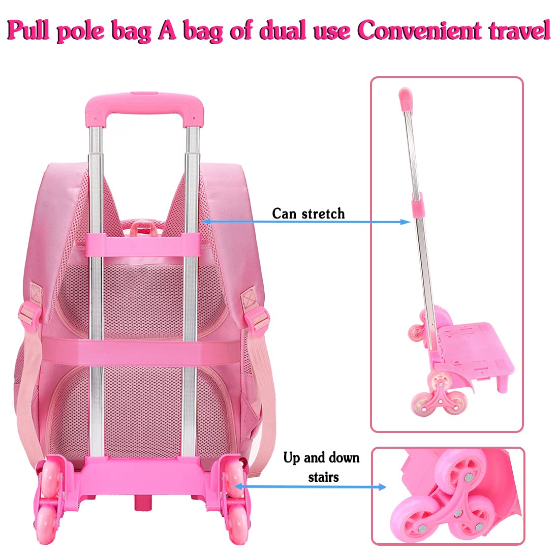KLUFO Rolling Backpack for Girls & Kids - Pink Wheeled School Bag with Trolley Handle | Perfect for Travel, School & Daily Use