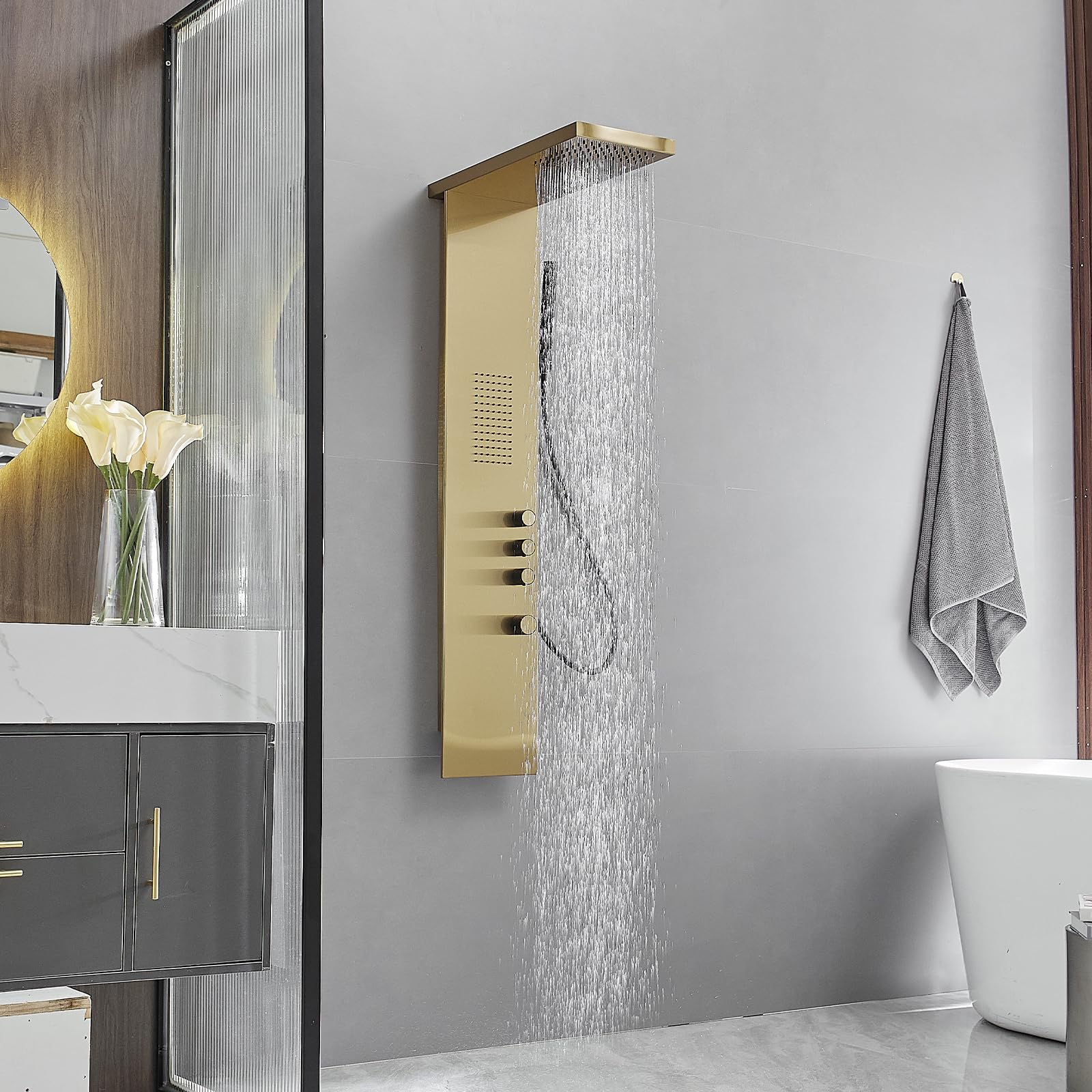 BWE 3-in-1 Stainless Steel Shower Panel Tower System with Rainfall Shower Head, Handheld Shower & Body Jets - Brushed Gold Finish | Perfect for Luxury Bathrooms, Spa-Like Experience & Modern Home Upgrades