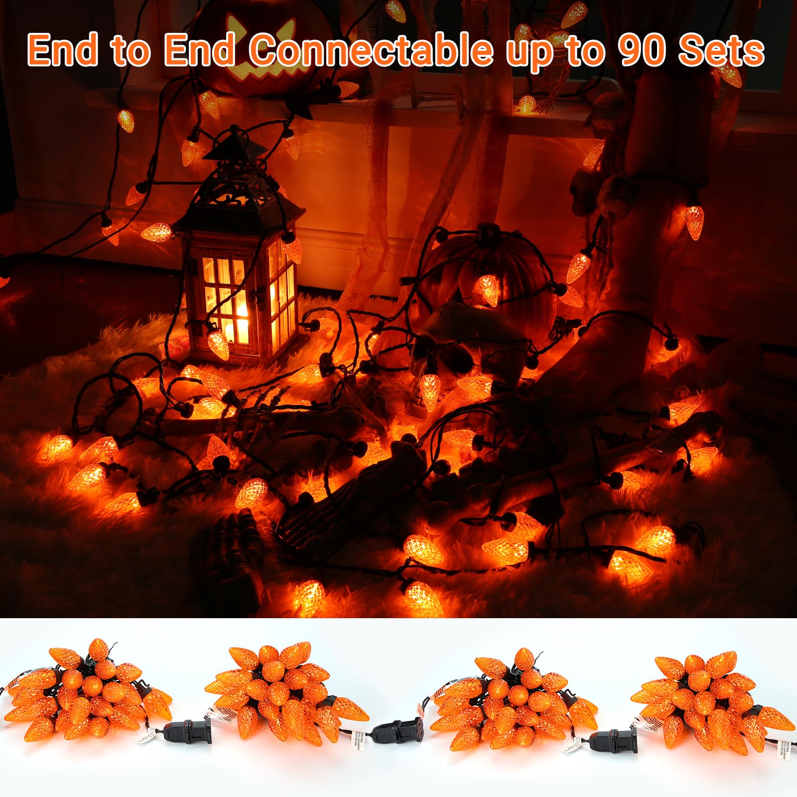 Brizled C9 Halloween Lights - 33ft 50 LED Faceted Orange String Lights, Connectable UL Certified 120V Outdoor Indoor Decor for Garden, Tree, Yard, Patio, Halloween Party & Home Decoration