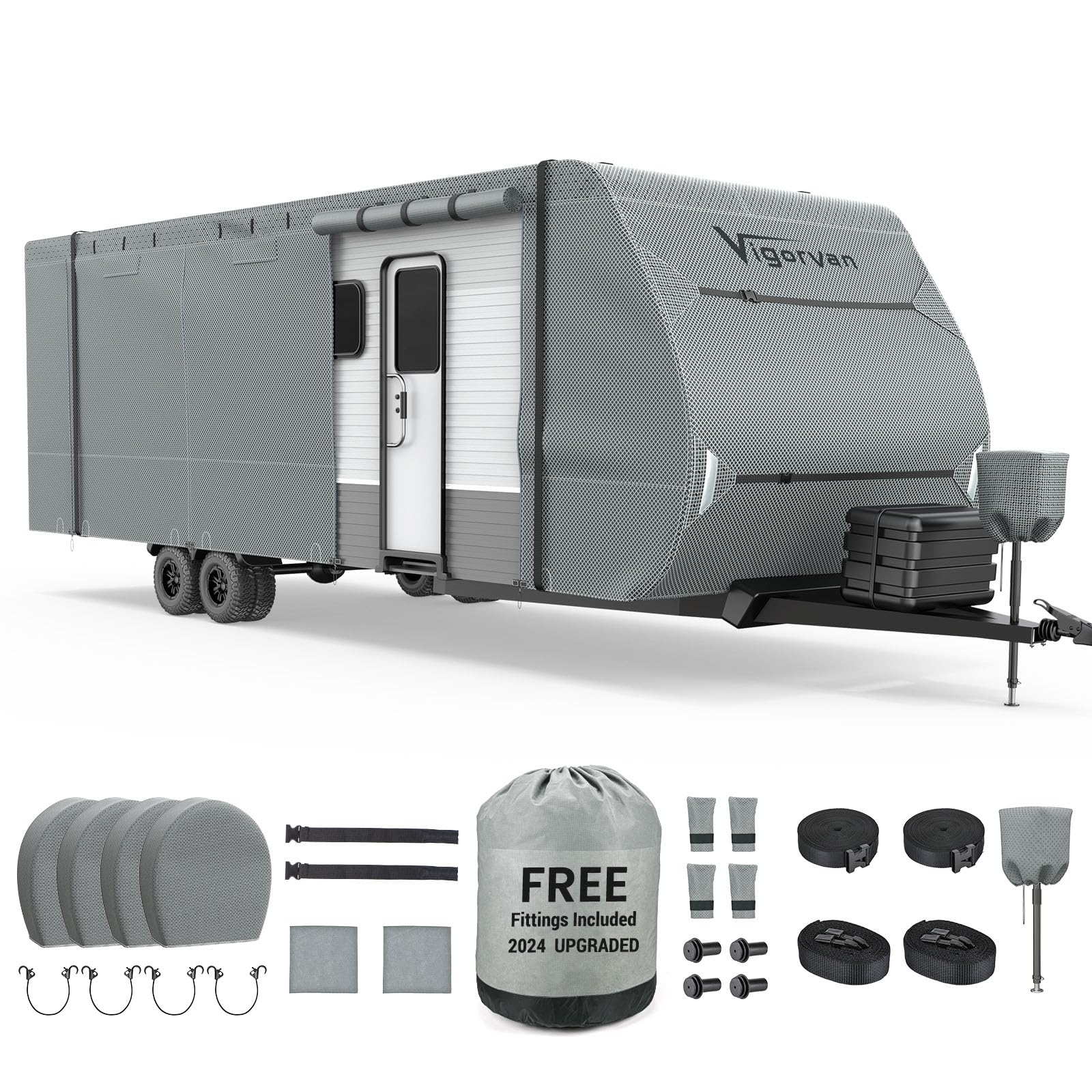 Heavy Duty RV Cover for Travel Trailers 22'1''-24' - Waterproof, Windproof, Rip-Stop Camper Cover with Jack Cover, Tire Covers & Gutter Covers - Perfect for Outdoor Storage, Winter Protection & Long Road Trips