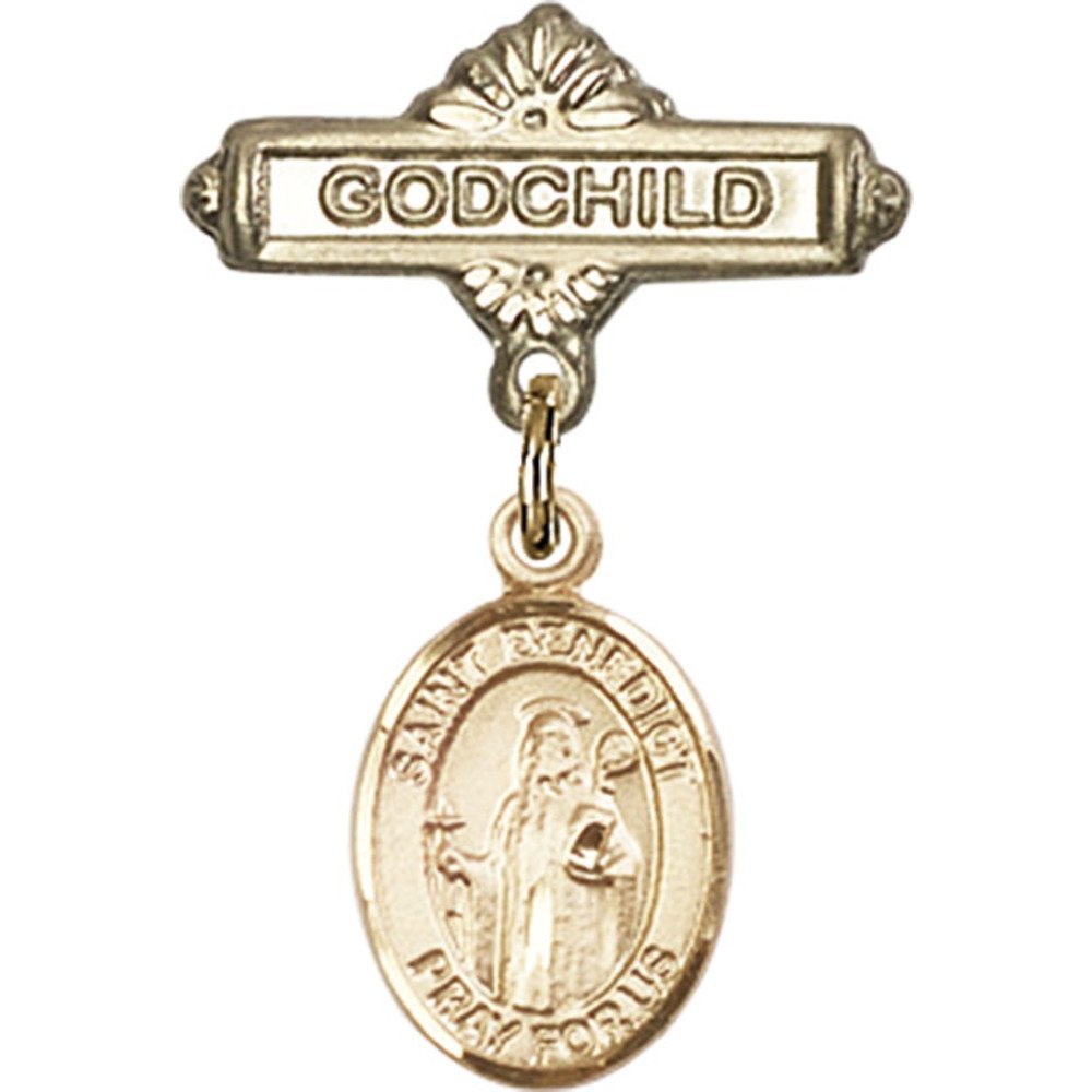 St. Benedict Gold Filled Baby Badge Pin - 1 X 5/8 Inch Religious Godchild Charm - Perfect for Baptism Gifts, Christening Jewelry & Baby Blessings