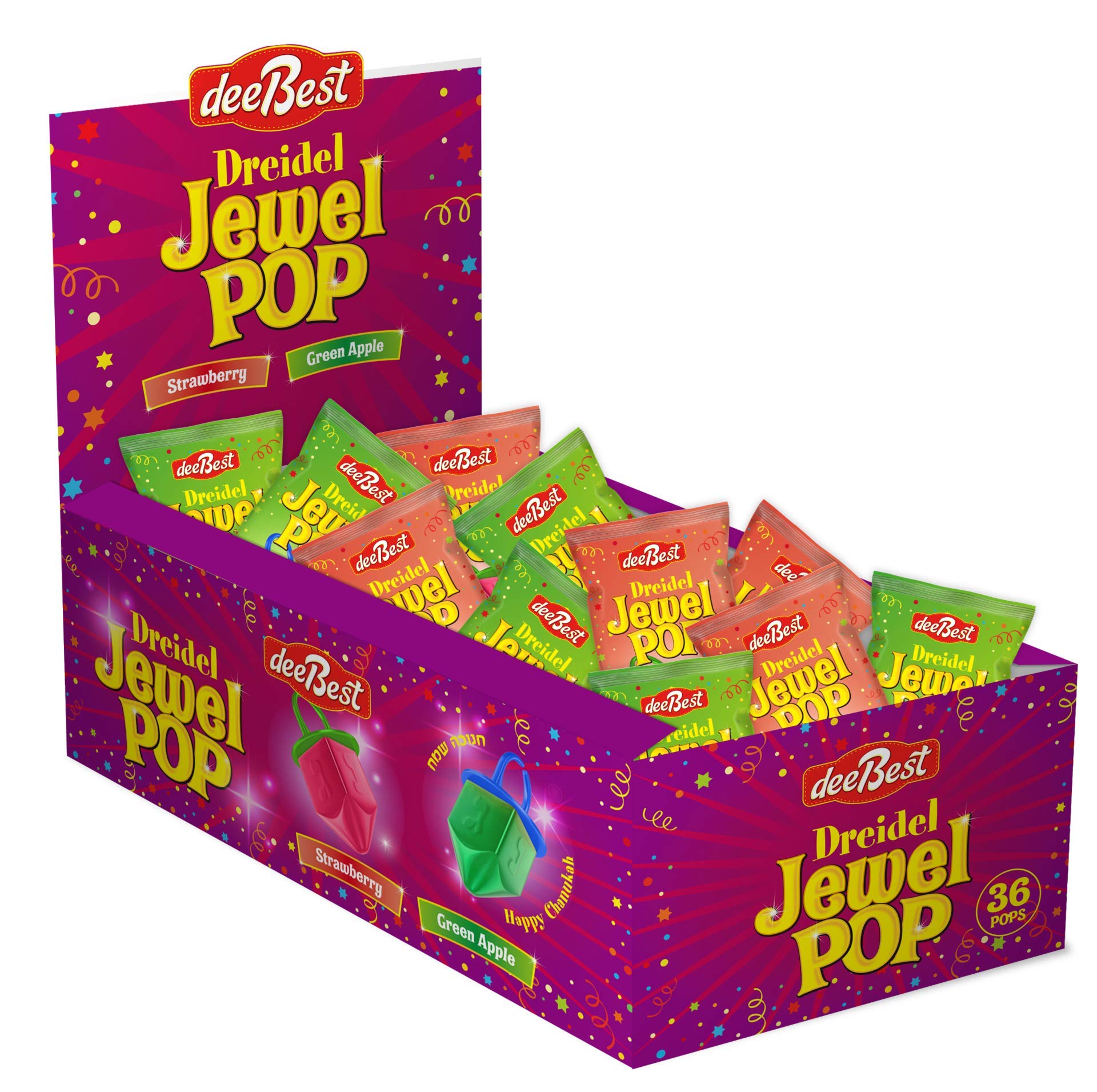 Hanukkah Dreidels Jewel Pop Ring Shape Candy - 36 Count Individually Wrapped Kosher Candy with Green Apple & Strawberry Flavors | Hanukah Party Favors, Kids Gifts & Holiday Decorations | Perfect for Classroom Celebrations, Gift Exchanges & Festival Treats