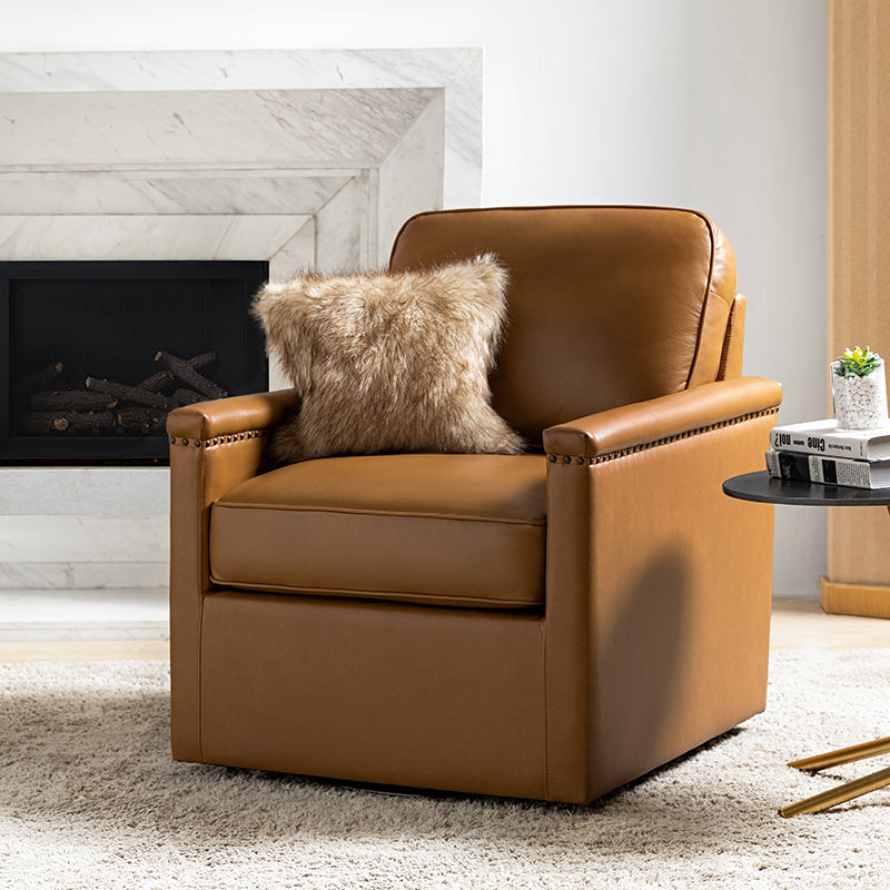 Genuine Leather Swivel Chair with Nailhead Trim - Irene Modern Armchair for Home Office, Living Room & Study - Comfortable Executive Desk Chair for Work & Relaxation