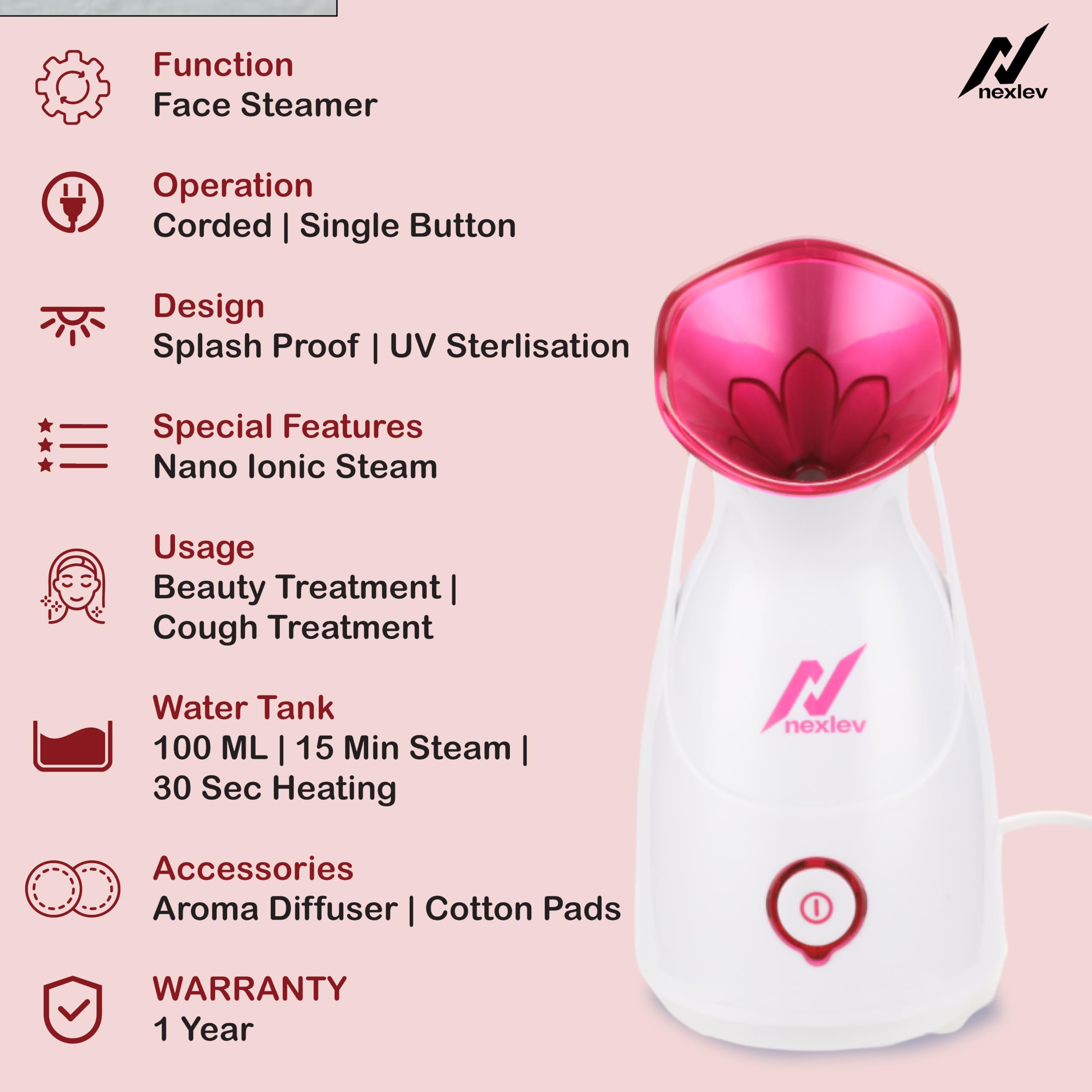 NexLev Steamer for Cold & Cough Relief - Nano Ionic Facial Steam Inhaler & Aromatherapy Vaporizer with UV Sterilization | 30-Second Fast Heating, Burn & Spill Protection | Perfect for Sinus Relief, Dry Skin Care, and Essential Oil Diffusion | Model FS-01