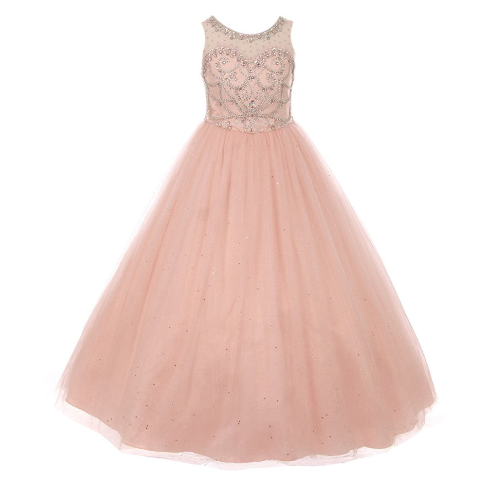 Sparkling Crystal Beaded Glitter Tulle Floor-Length Pageant Dress for Girls Size 8-10 - Perfect for Pageants, Prom, and Special Occasions