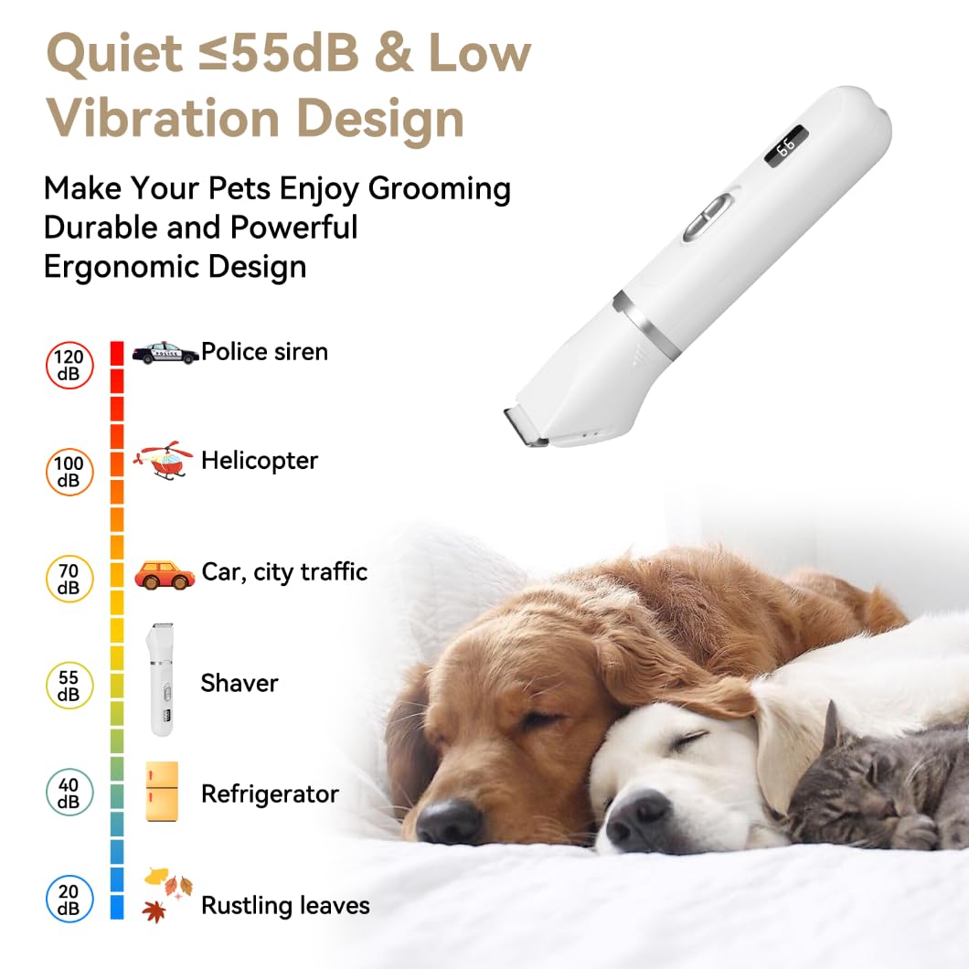 6-in-1 Quiet Dog Nail Grinder & Paw Trimmer Kit - Rechargeable Pet Grooming Clippers with Stainless Steel Scissor, Comb & IPX7 Waterproof - Perfect for Small to Medium Dogs at Home Grooming
