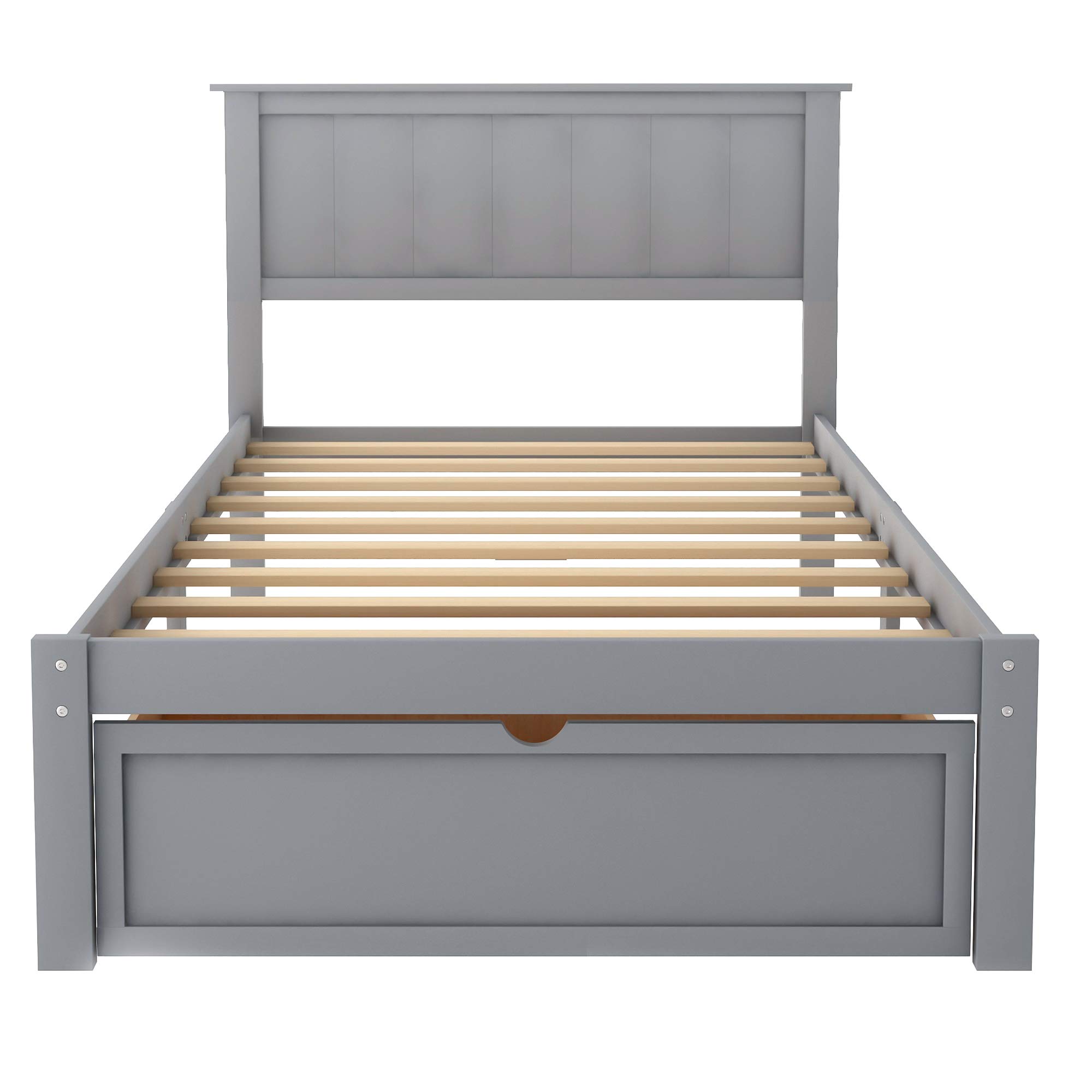 Knocbel Twin Bed Frame with Headboard & Under-Bed Storage Drawer - Solid Wood Platform Bed with 10-Slat Support System (300lbs Capacity, Gray) - Perfect for Small Bedrooms, Guest Rooms & Kids' Rooms