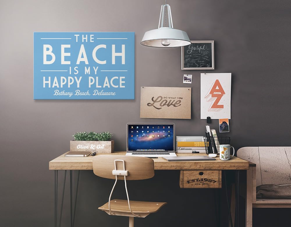Lantern Press Bethany Beach Delaware Wall Art - 'The Beach Is My Happy Place' 24x36 Wrapped Canvas Print - Coastal Home Decor for Living Room, Bedroom & Office