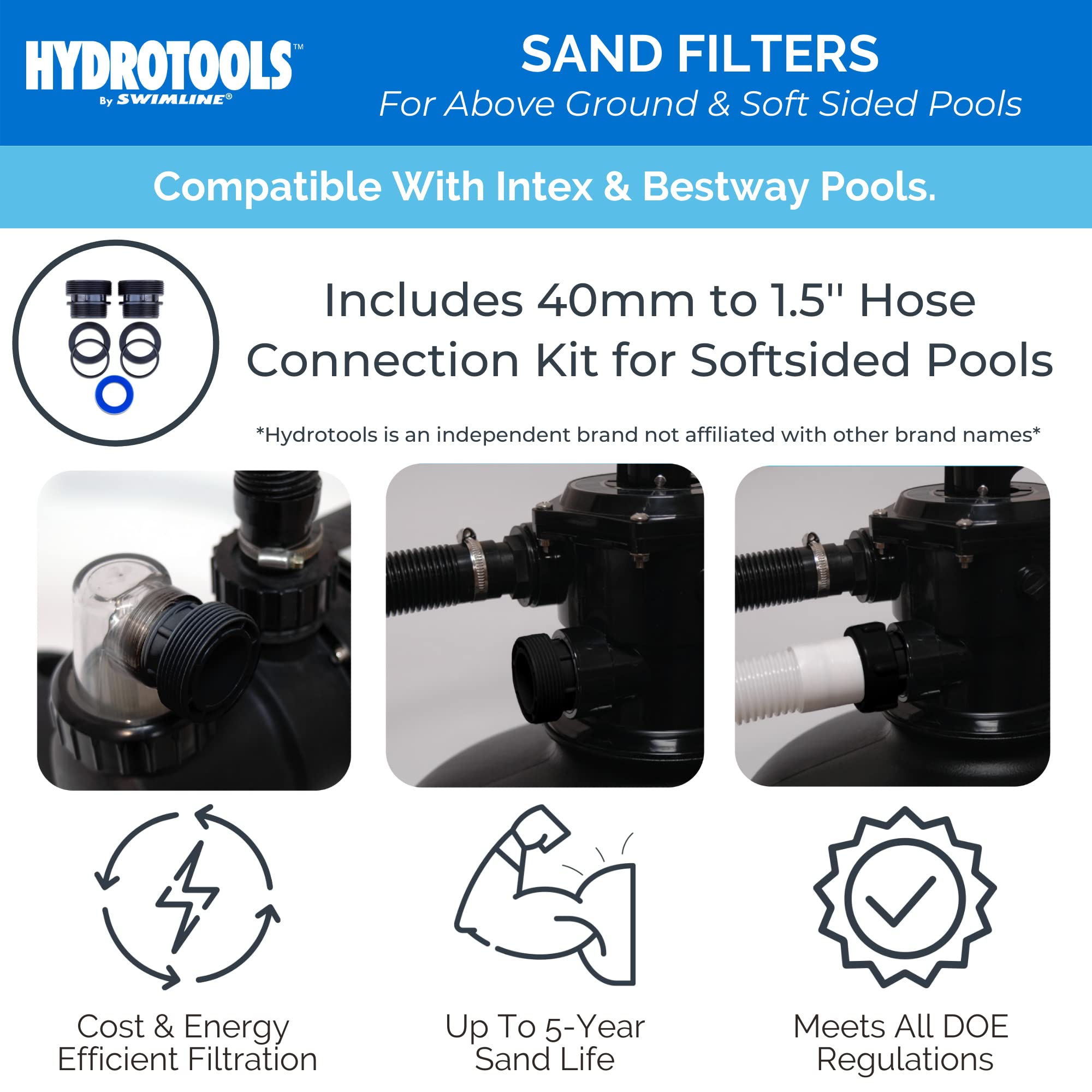 HYDROTOOLS Above Ground Pool Filter Pump - Sand & Cartridge System for 12-16 Inch & 8-40 SF Cleaners | 1/3 to 1 HP Options | Compatible with Intex, Bestway Soft-Sided Pools (40mm to 1.5 Inch Hose) | Perfect for Backyard Swimming Pool Maintenance & Water Filtration