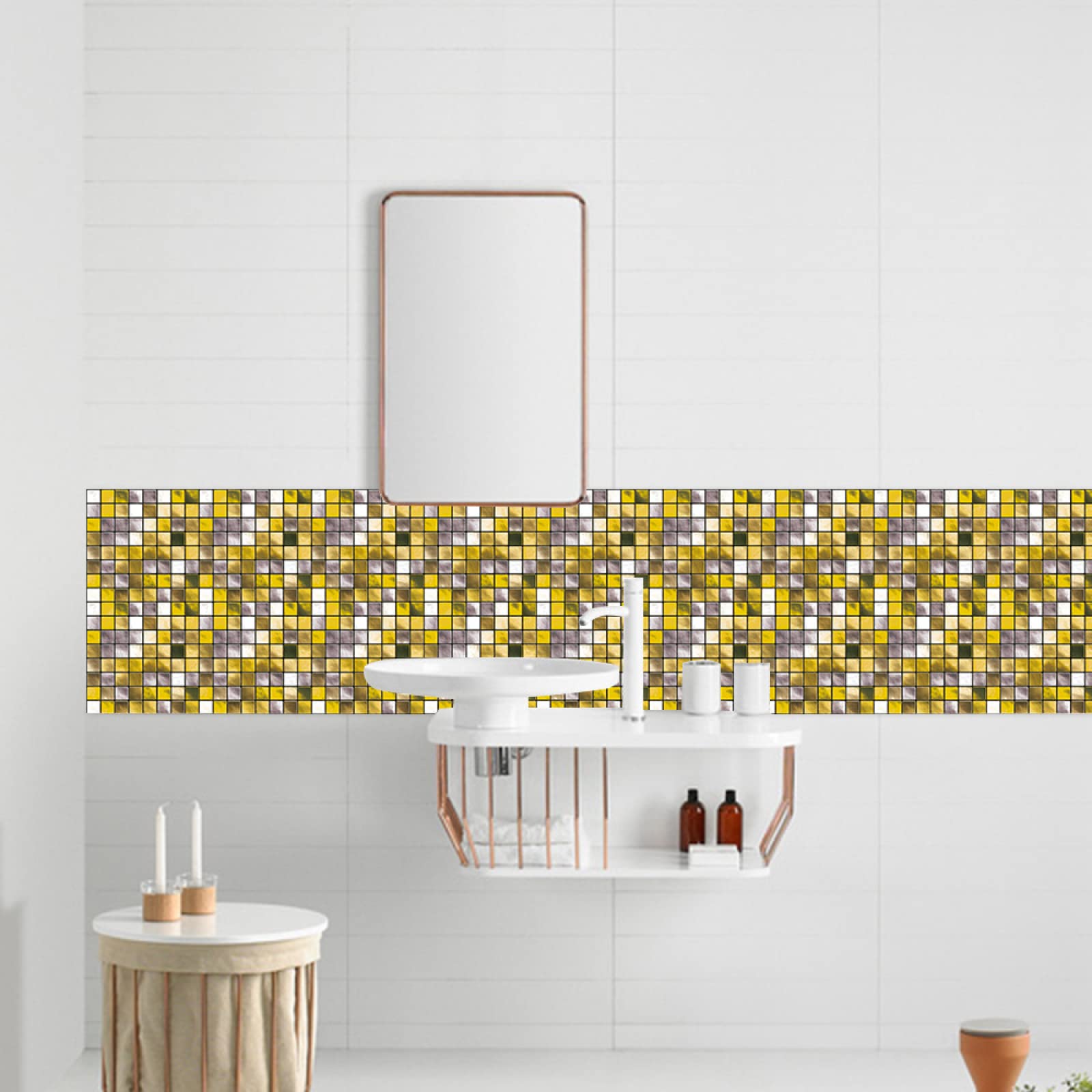 Golden Yellow Shiny Crystal Peel and Stick Mosaic Tile Stickers - 10cm x 10cm (10Pcs) - Waterproof Self-Adhesive Wall Stickers for Kitchen, Bathroom & Home Renovation - Perfect for Backsplash, Accent Walls & DIY Home Decor