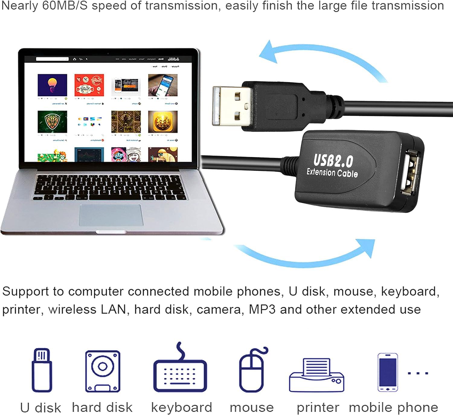 Storite 20M Active USB 2.0 Extension Cable Male to Female with Aluminum Platinum Layer (4.5V Min) - Compatible with Printers, Cameras, Webcams - Perfect for Home Office, Gaming Setup & Smart Devices Connectivity