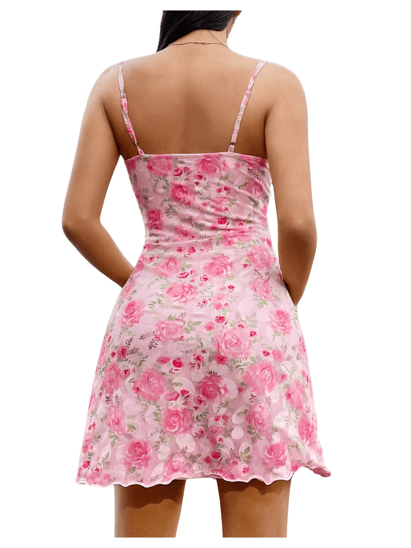 Floerns Women's Floral Print Cami Dress - Lace Patchwork V-Neck Summer Short Sleeve Dress for Beach, Vacation & Casual Outings