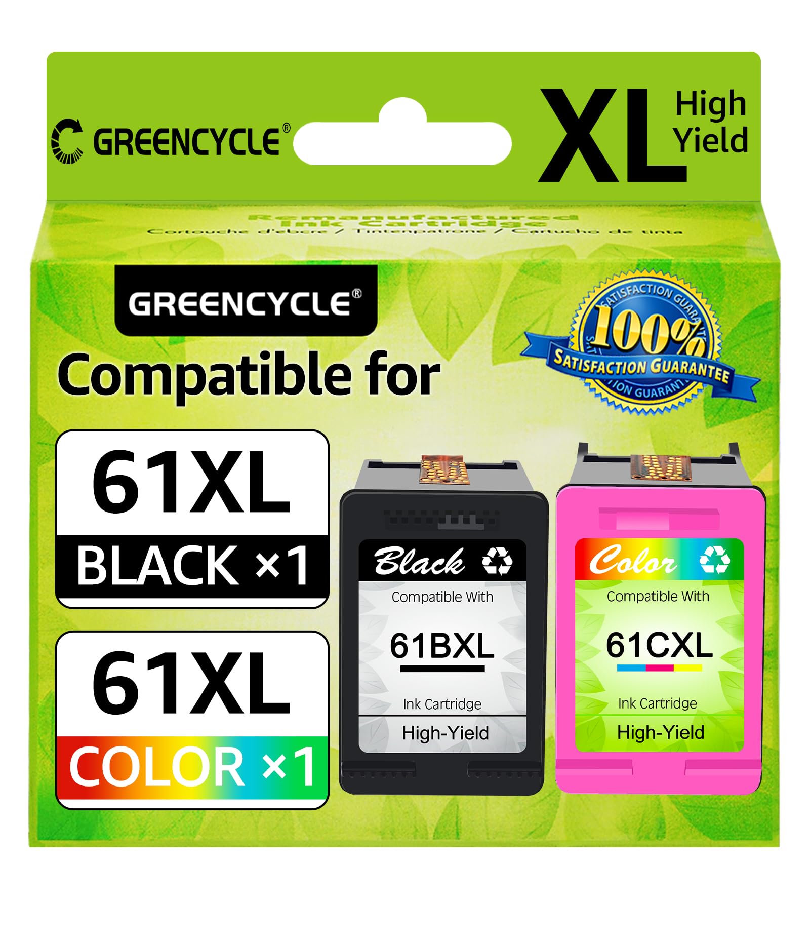GREENCYCLE 61XL Remanufactured Ink Cartridges - 2 Pack (1 Black, 1 Tri-Color) - Compatible with HP Envy 4500, Deskjet 1000/1056/1510/1512/1010/1055, OfficeJet 4630 Printers - High-Quality Replacement Ink for Home & Office Printing Needs