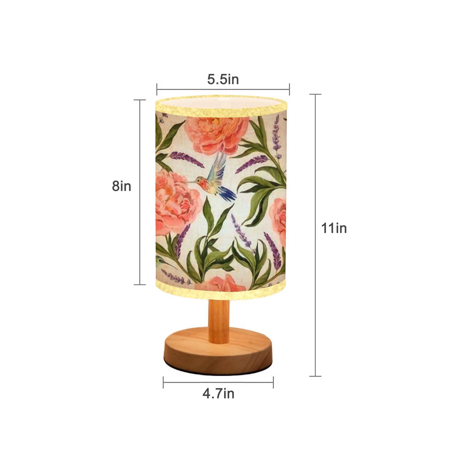 Minimalist Wooden Nightstand Lamp with Hand-Painted Peony Floral Design - Flaxen Fabric Shade for Bedroom, Living Room & Office - Perfect for Reading, Relaxing & Home Decor