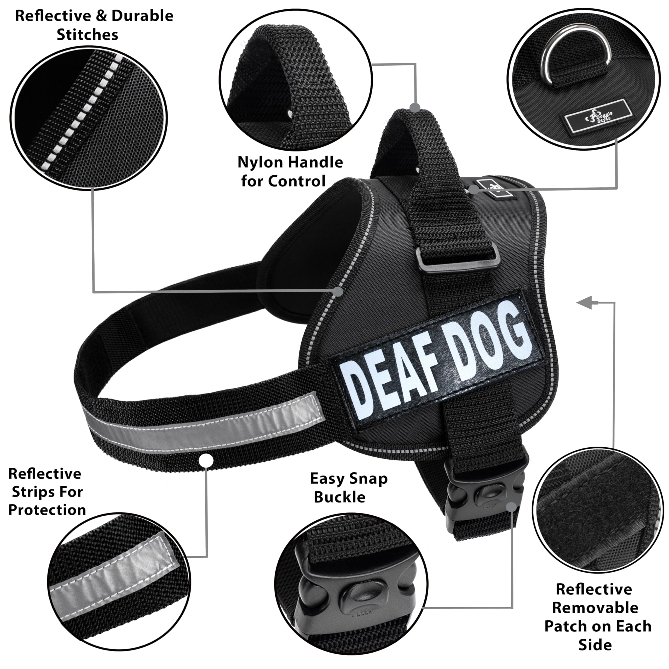 Doggie Stylz Adjustable Dog Harness with Removable Patches & Reflective Trim - 2 Deaf Dog Hook & Loop Patches Included (30