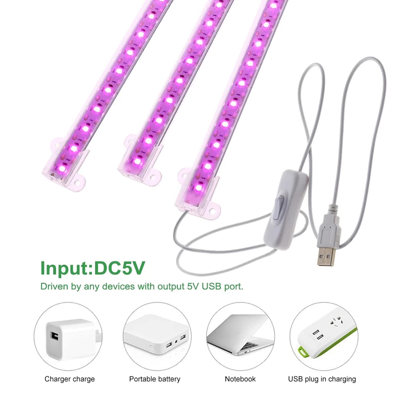 30W Full Spectrum LED Grow Light with Timer & Dimmable - 3 Head Flexible Clip Plant Light for Indoor Seedlings, Hydroponics, Succulents - USB 5V Powered for Home Gardening & Greenhouse Use