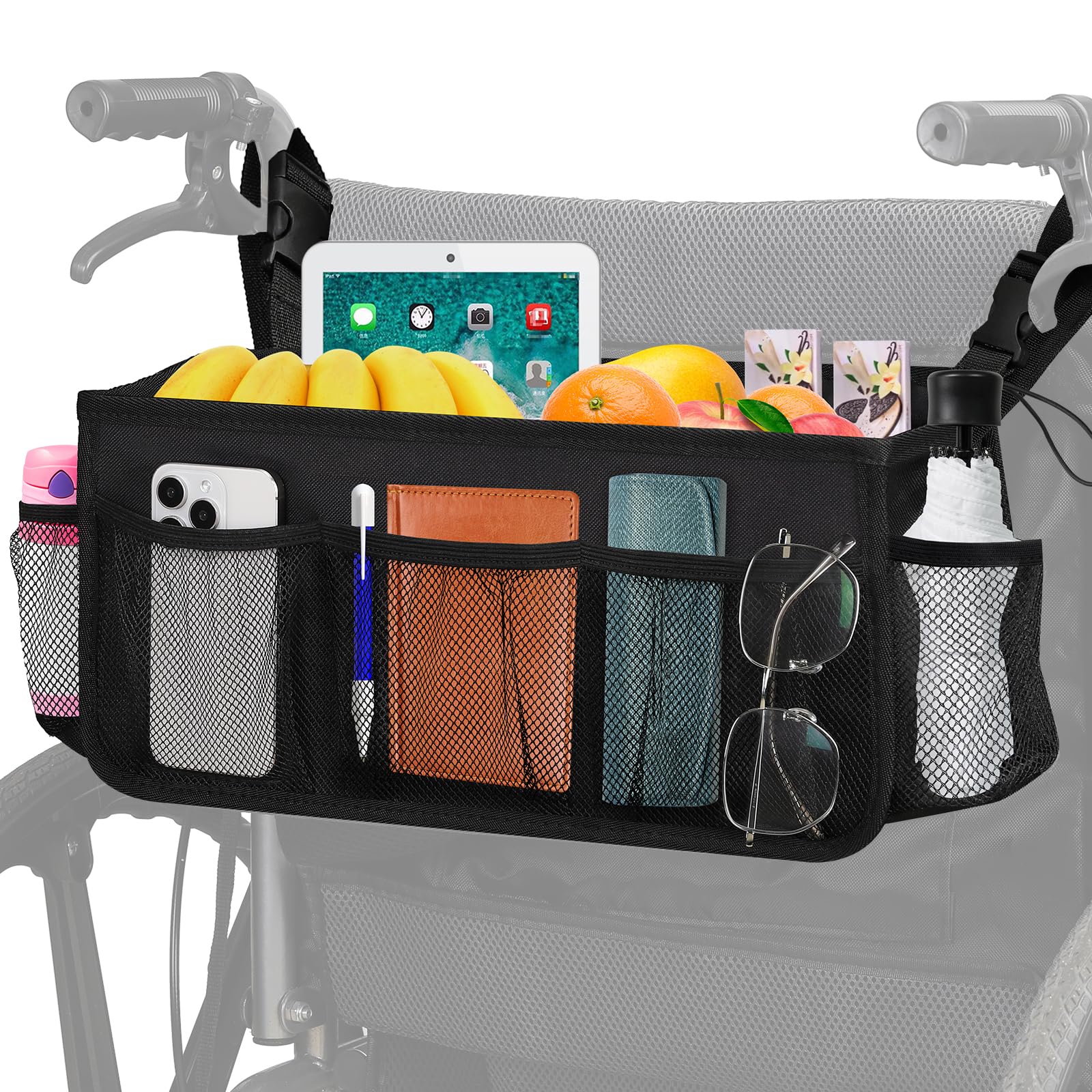 **Waterproof Wheelchair Backpack with Cup Holder & Storage Pockets - Durable Hanging Bag for Wheelchair Accessories (Black) - Perfect for Travel, Shopping & Outdoor Activities**