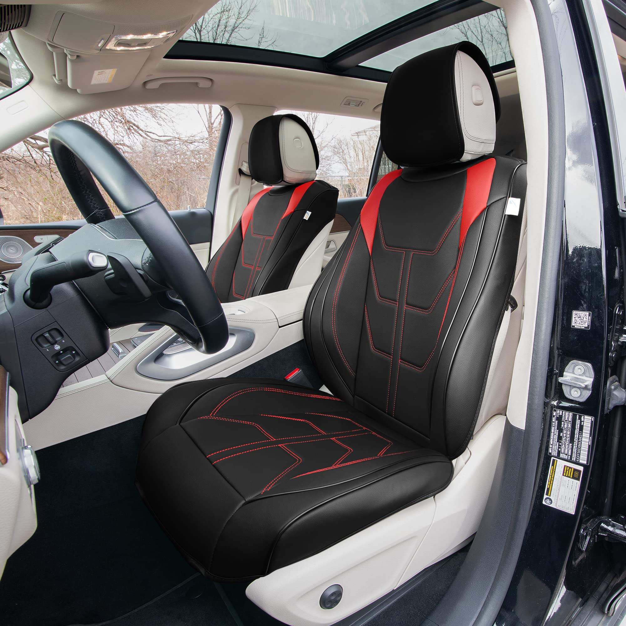 Premium TLH Bionic70 Deluxe Faux Leather Red Car Seat Covers - 2-Pack Universal Fit Front Seat Protectors for Cars, Trucks & SUVs | Waterproof, Anti-Slip Cushion with Contrast Stitching | Perfect for Road Trips, Commuting & Pet Protection