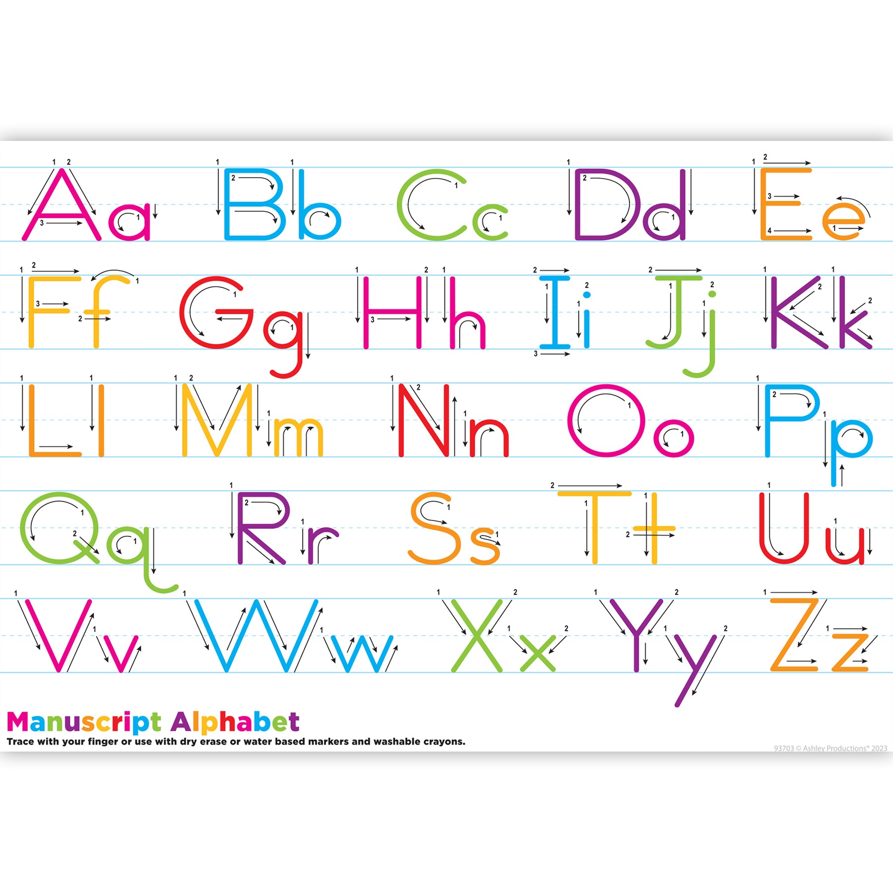 Ashley Productions Smart Poly Manuscript Handwriting Learning Placemat - Pack of 10 | Reusable Educational Placemats for Kids | Perfect for Homeschooling & Classroom Writing Practice