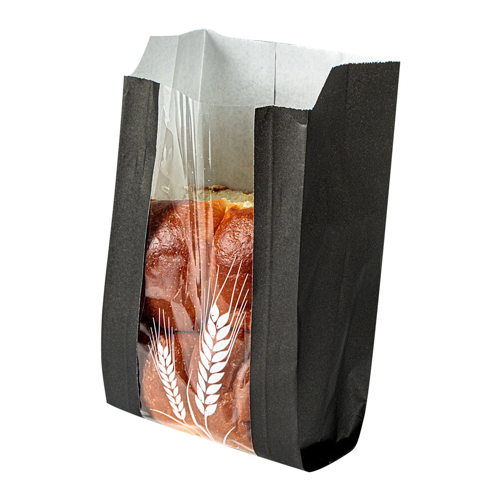 Eco-Friendly Black Paper Bread Bags - Micro Perforated, Greaseproof, Wheat Pattern (4.75