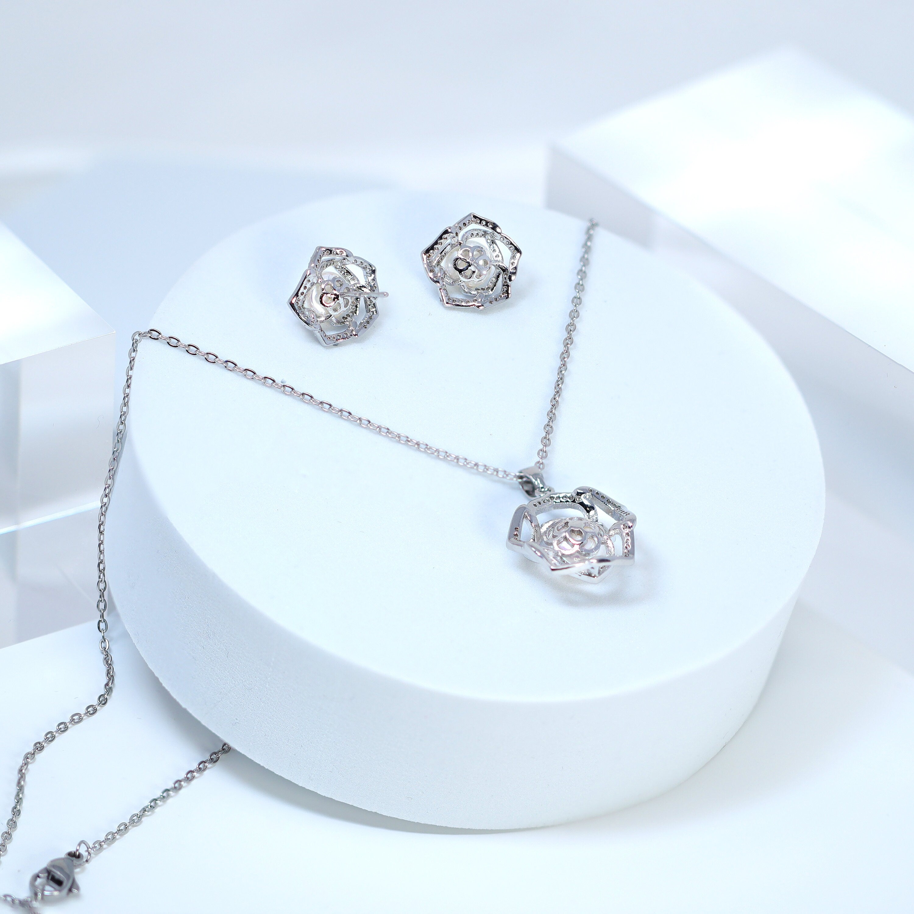 Swarovski Crystal Dainty Rose Flower Pearl Necklace and Earrings Set - Elegant Bridal Jewelry, Wedding Accessories for Bride, Engagement Gift, Anniversary Present - Perfect for Weddings, Parties, and Special Occasions