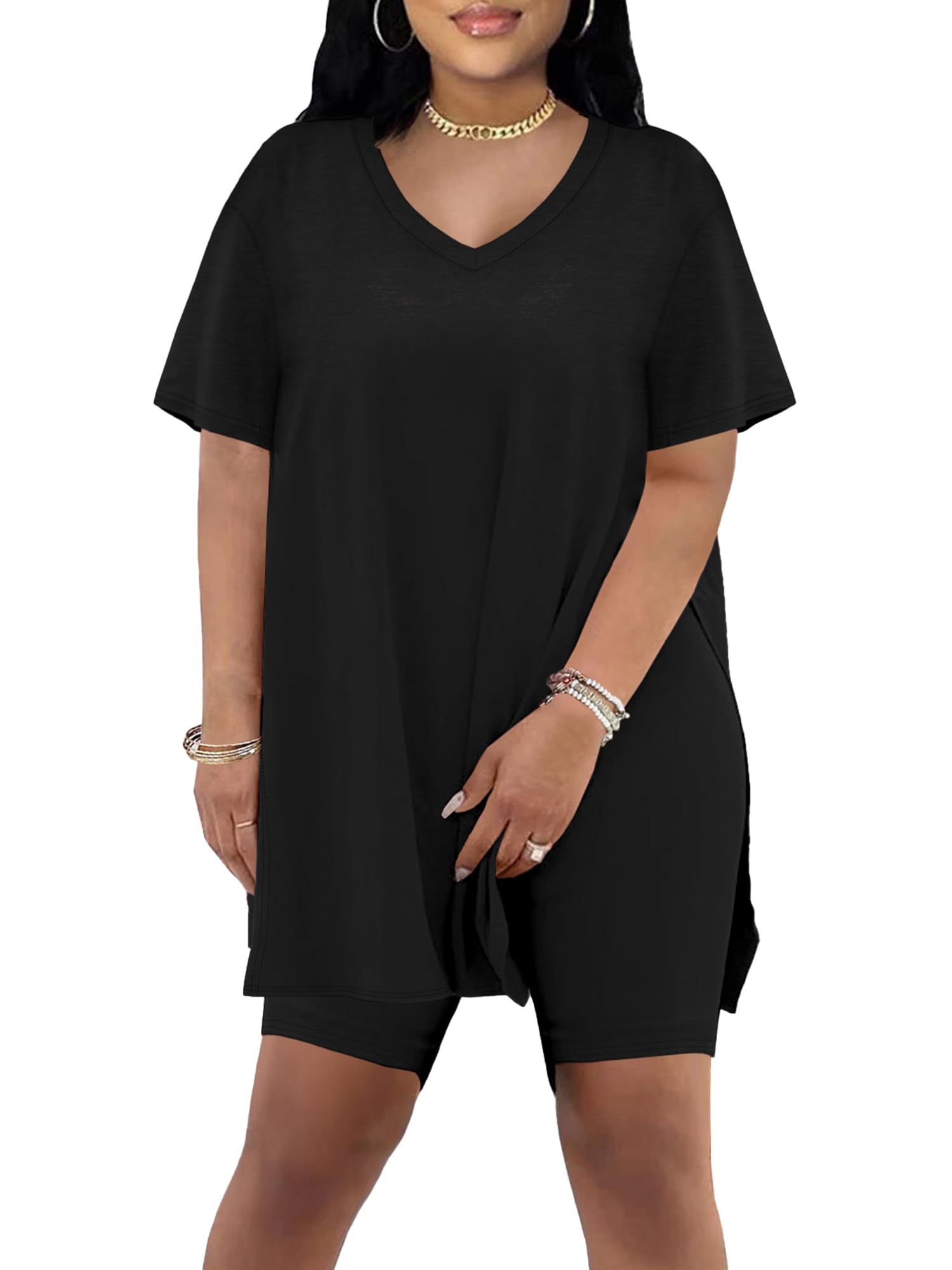 AGSEEEM Women's 2-Piece Summer Outfit - Comfortable Tunic Top & Biker Shorts Lounge Set | Casual Wear, Yoga, Running, Home Relaxation