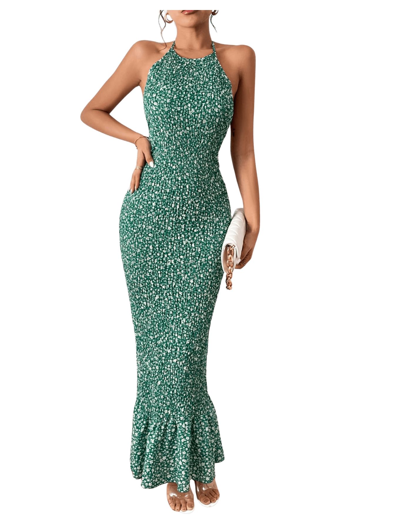 MakeMeChic Women's Floral Print Halter Neck Backless Maxi Dress - Sleeveless Bodycon Long Dress for Summer Beach Parties, Date Nights & Vacation Wear
