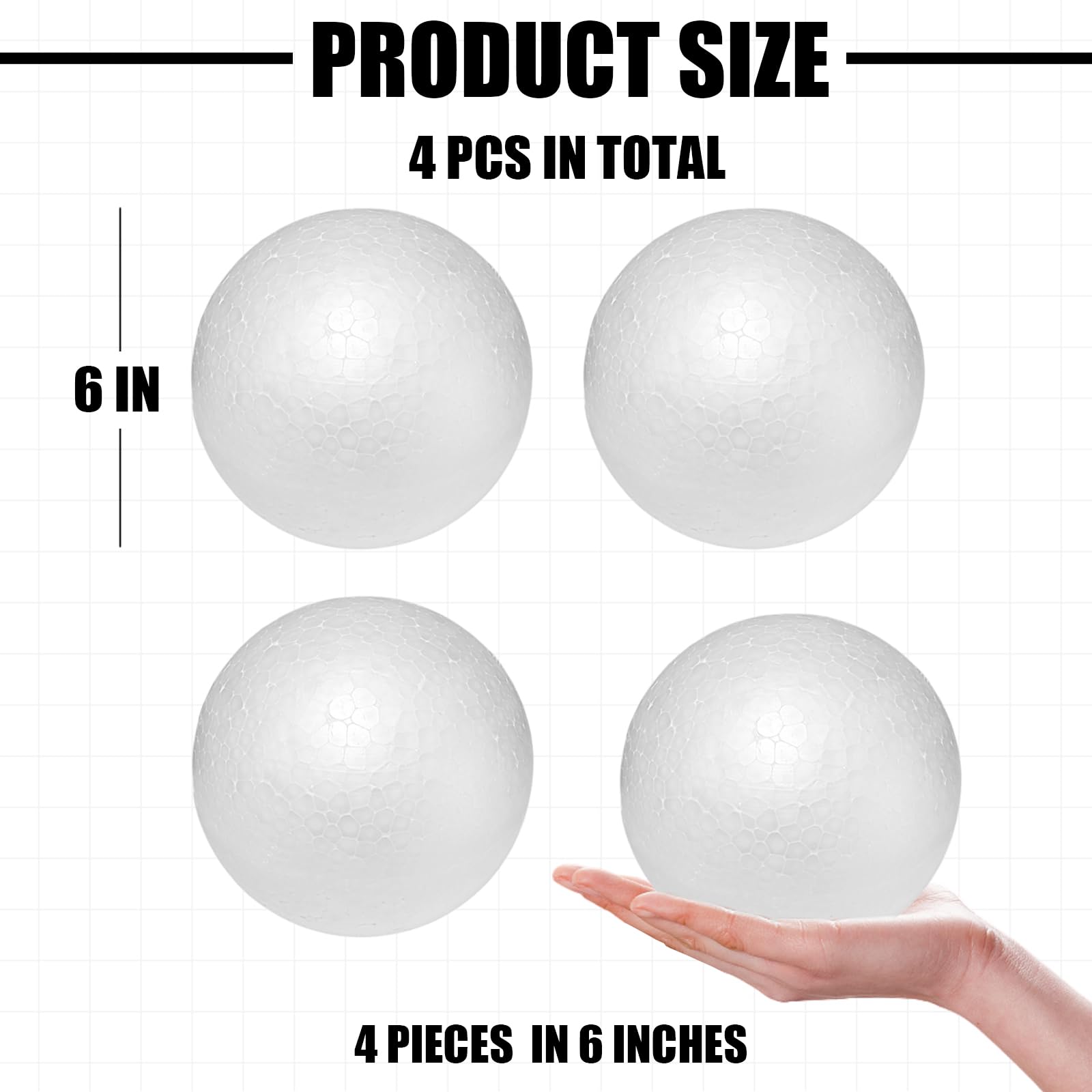6 Inch Large White Styrofoam Balls - 4 Pack Smooth Solid Round Foam Balls for DIY Crafts, Home Decor, School Projects | Perfect for Christmas Ornaments, Floral Arrangements & Model Making
