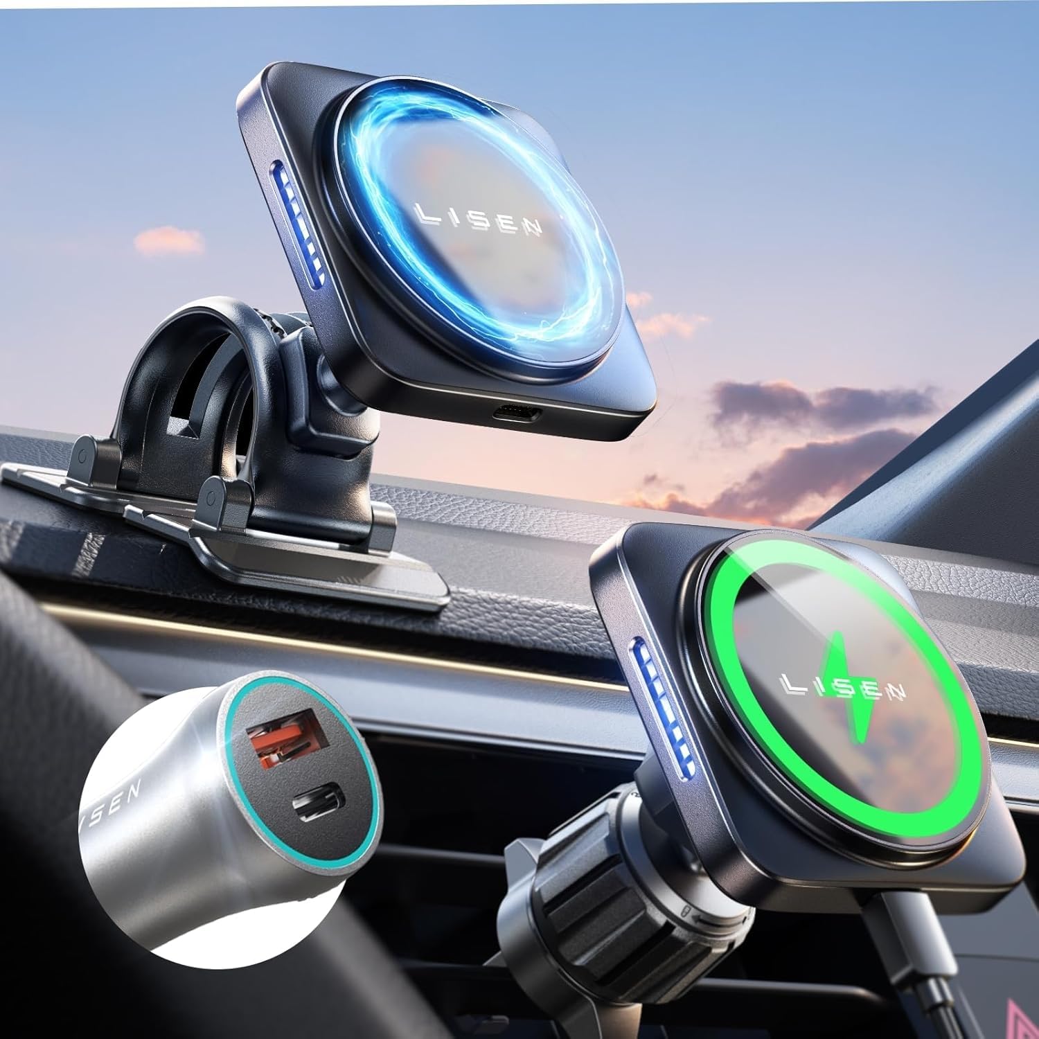 LISEN 15W Magnetic Wireless Car Charger for iPhone 16 Pro Max - Magsafe Car Mount Charger with Air Vent & Dashboard Phone Holder - Compatible with iPhone 15/14/13/12 (Black) | Perfect for Safe Hands-Free Charging While Driving