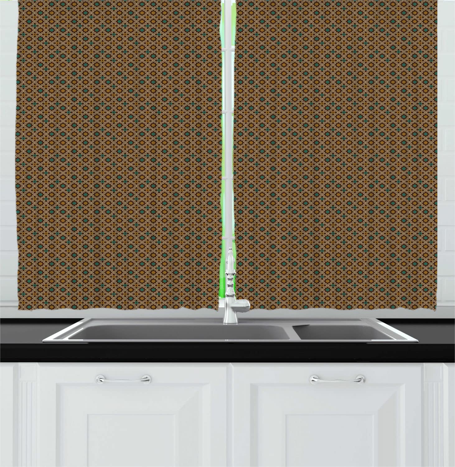 Ambesonne Chocolate Brown Long Kitchen Curtains - Oriental Inspired Folk Star Design, 55