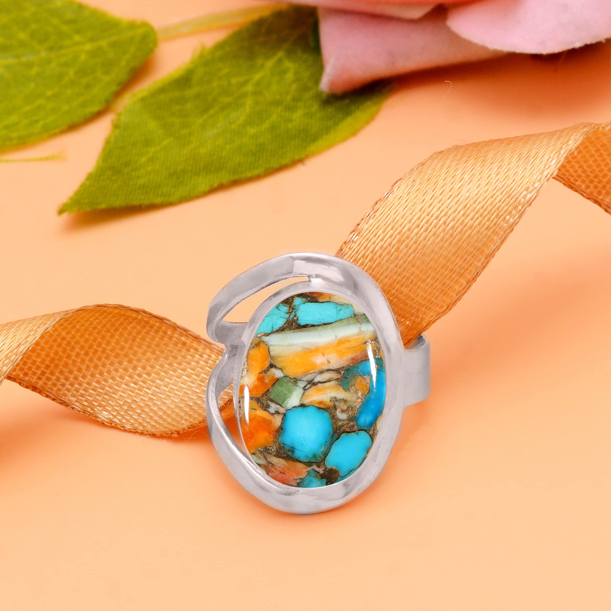 Veracity Jewelry 925 Sterling Silver Oyster Copper Turquoise Rings for Women - Kingman Mojave Mohave Spiny Oyster Healing Meditation Jewelry - Multi Color Turquoise Ring Gift for Mom, Wife, Girlfriend - Perfect for Spiritual Healing, Yoga, Meditation & Everyday Wear - VSR-139