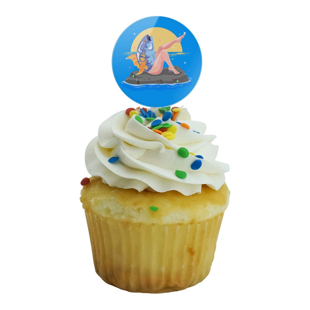 Reverse Mermaid with Tuna Head Cupcake Toppers - Set of 6 Whimsical Dessert Decorations for Birthday Parties, Baby Showers & Themed Events