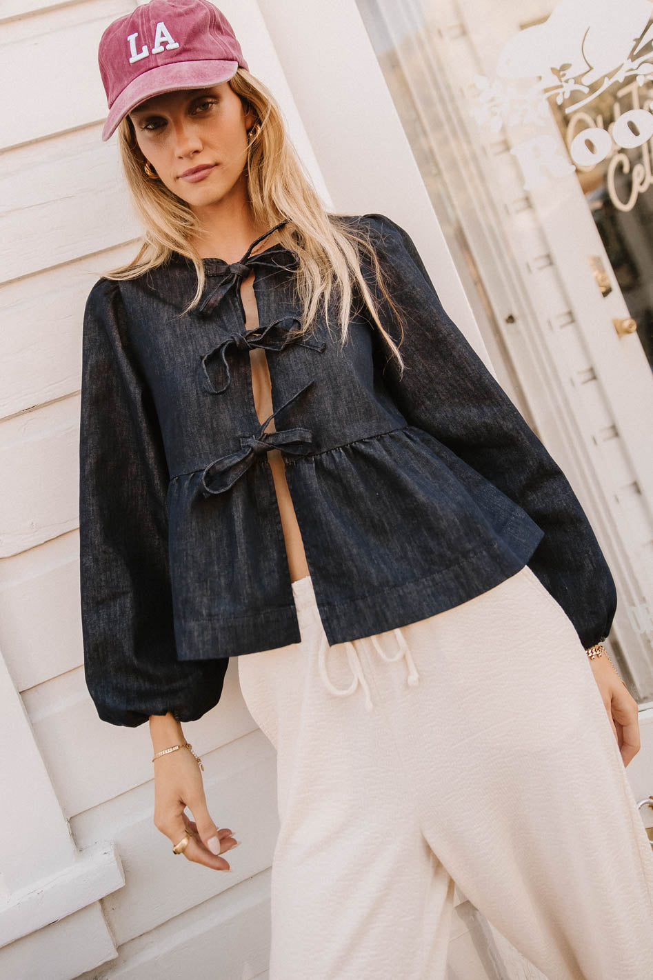 Stylish Maggie Peplum Tie Blouse - Dark Wash Women's Tops | Perfect for Office Wear, Date Nights & Casual Outfits | FINAL SALE
