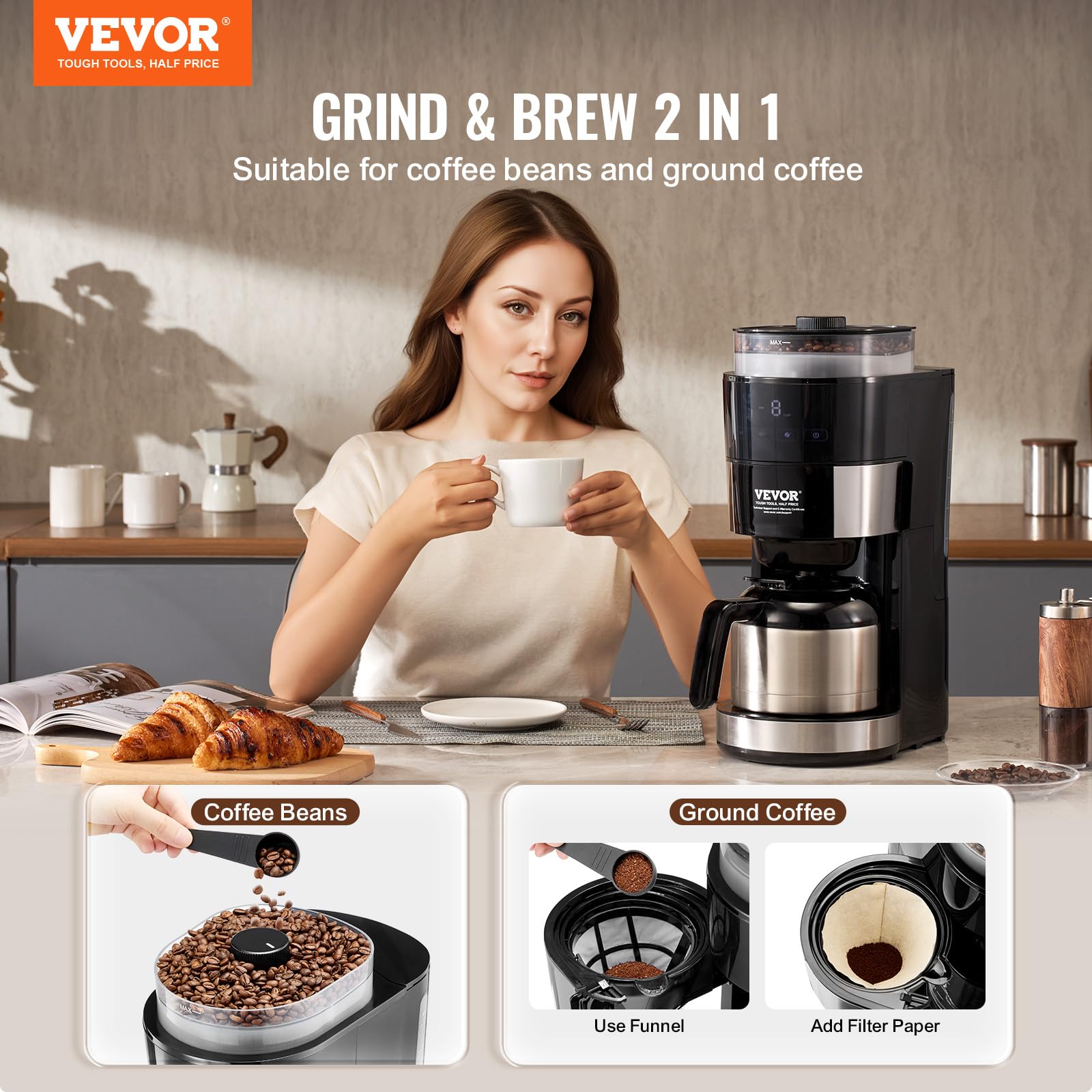 VEVOR 8-Cup Programmable Coffee Maker with Built-in Grinder - 3 Brew Strength Control, Reusable Filter & Removable Water Tank - Perfect for Home, Office & Restaurant Use - Freshly Ground Coffee Anytime