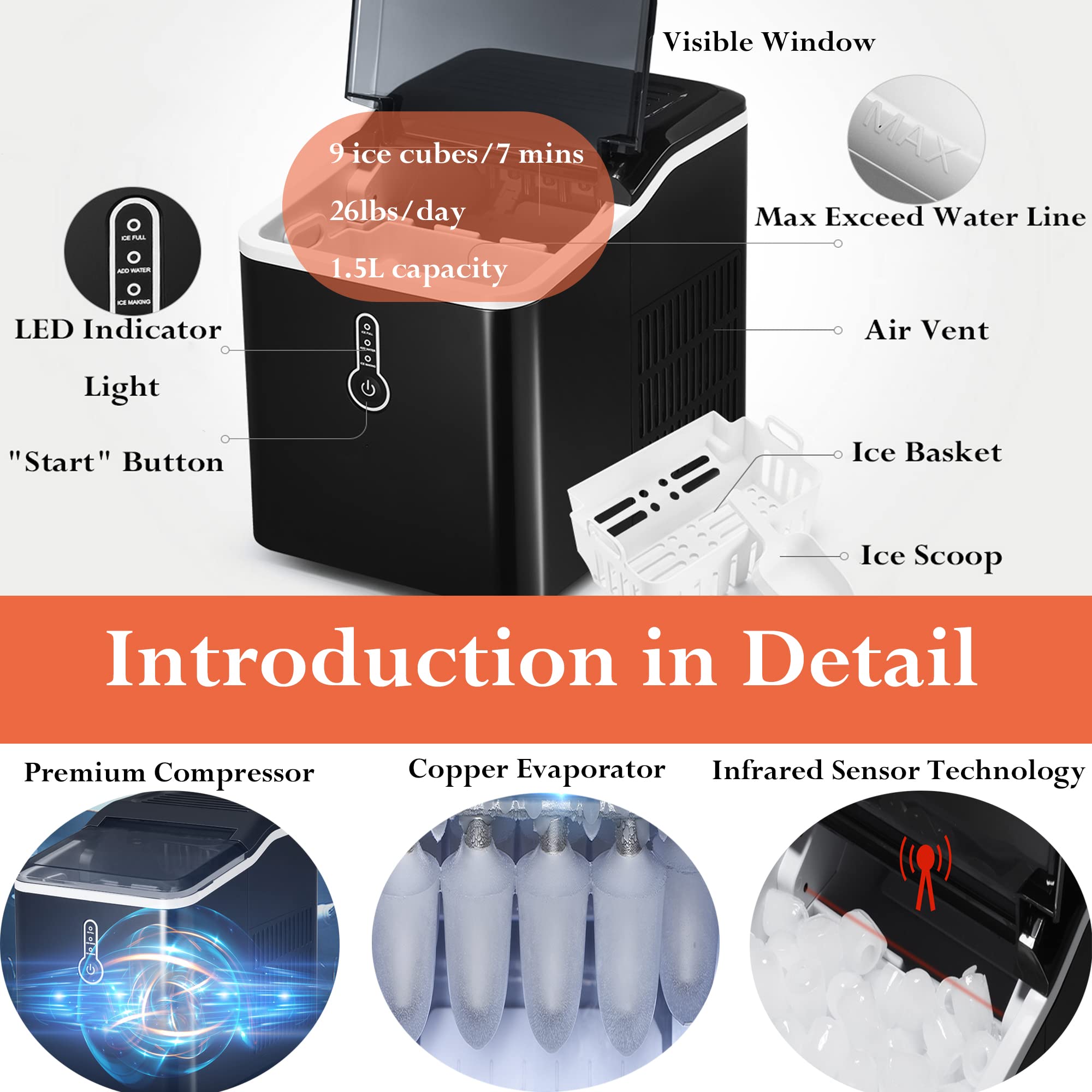 26lbs Portable Ice Maker Machine - Self-Cleaning Countertop Ice Maker with 1.5L Capacity, Makes 9 Cubes in 8 Minutes - Compact Electric Ice Machine with Scoop & Basket for Home, Office, Camping, RV, Parties (Black)