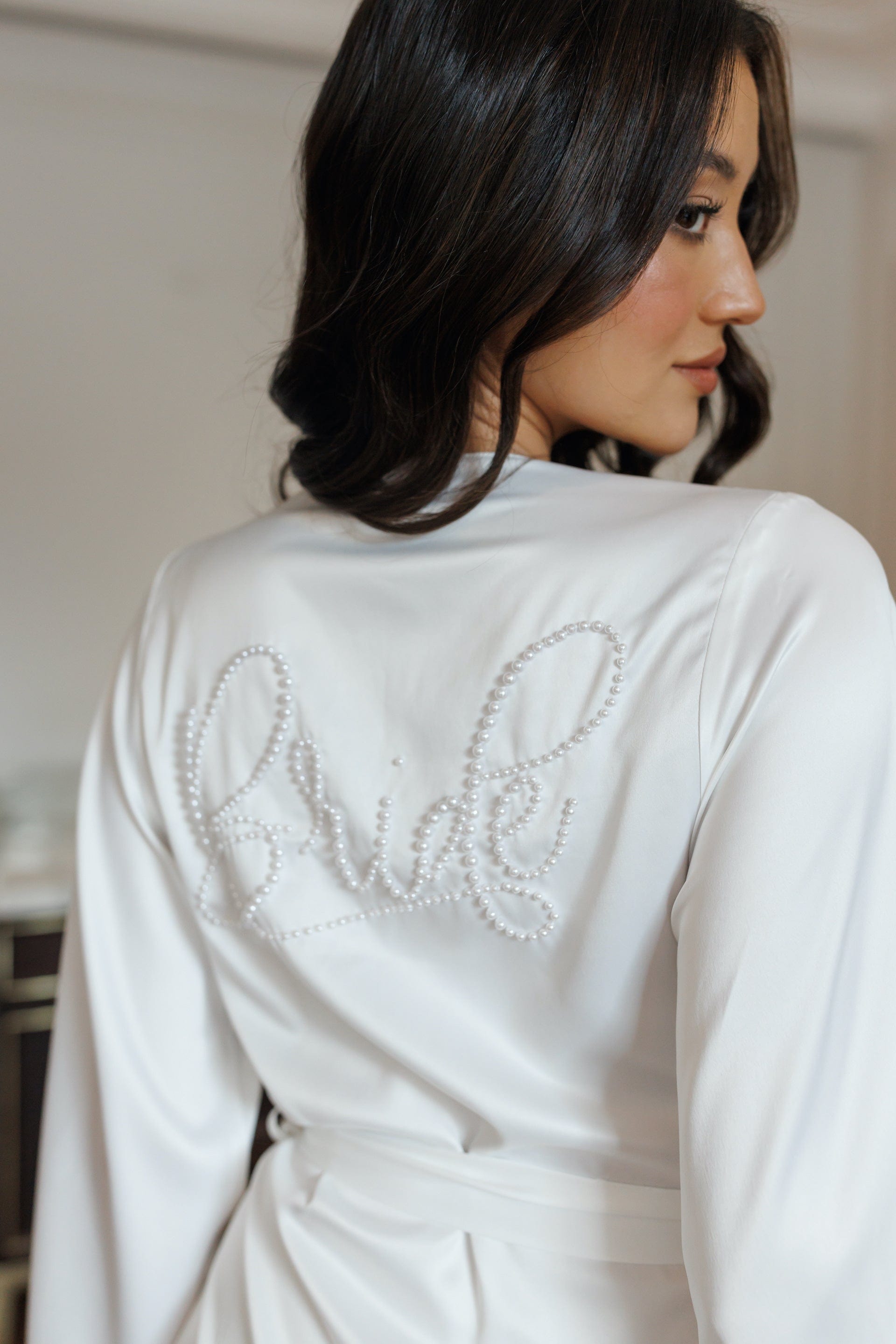 Aimee Pearl Beaded Bridal Robe - Elegant Wedding Lingerie for Bride, Bridesmaids & Bachelorette Party - Perfect for Getting Ready Photos, Honeymoon & Special Occasions