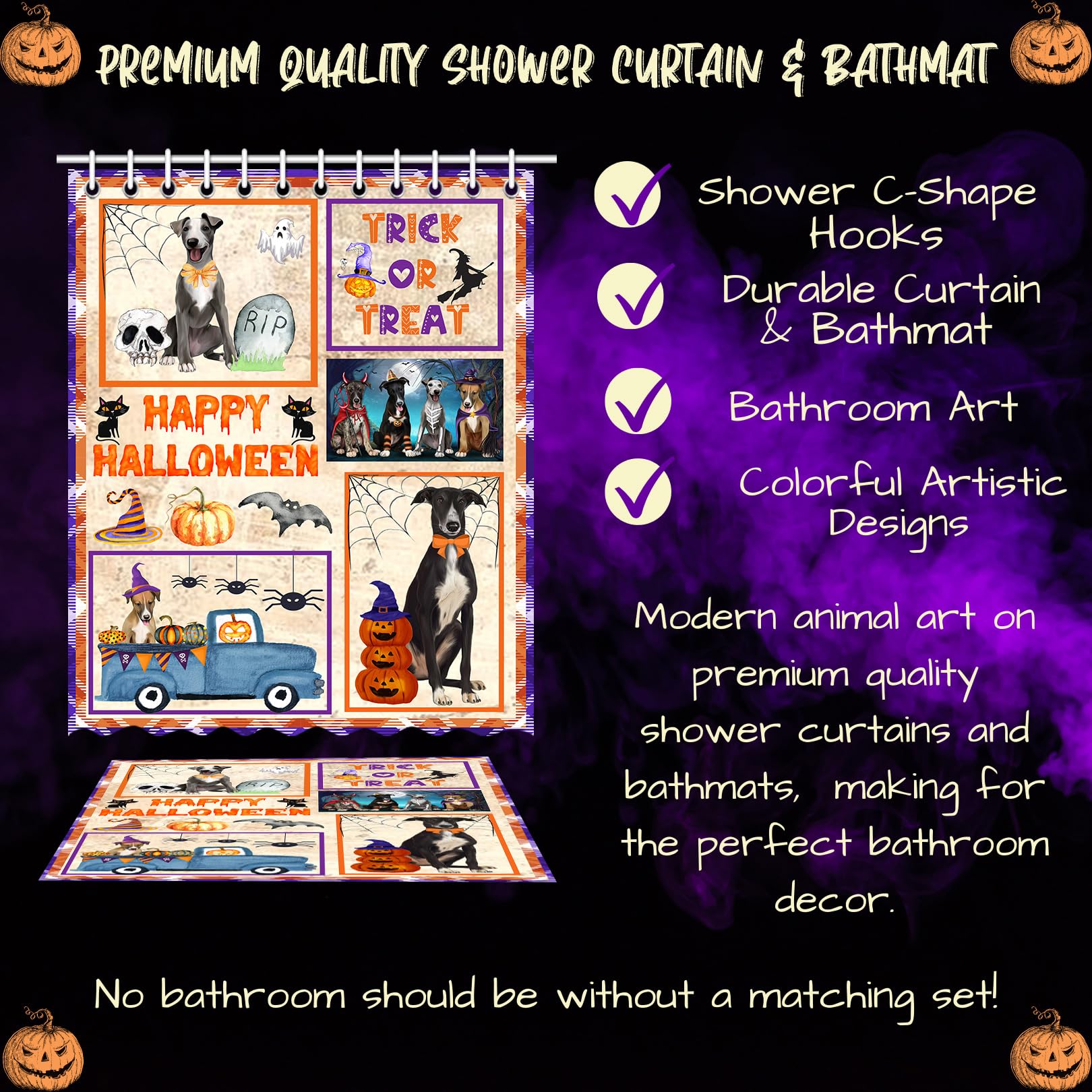 **Halloween Greyhound Dog Bath Mat & Shower Curtain Set - Non-Slip Bathroom Decor, Plush Rug & Polyester Bathtub Curtain with Hooks (Mat 16