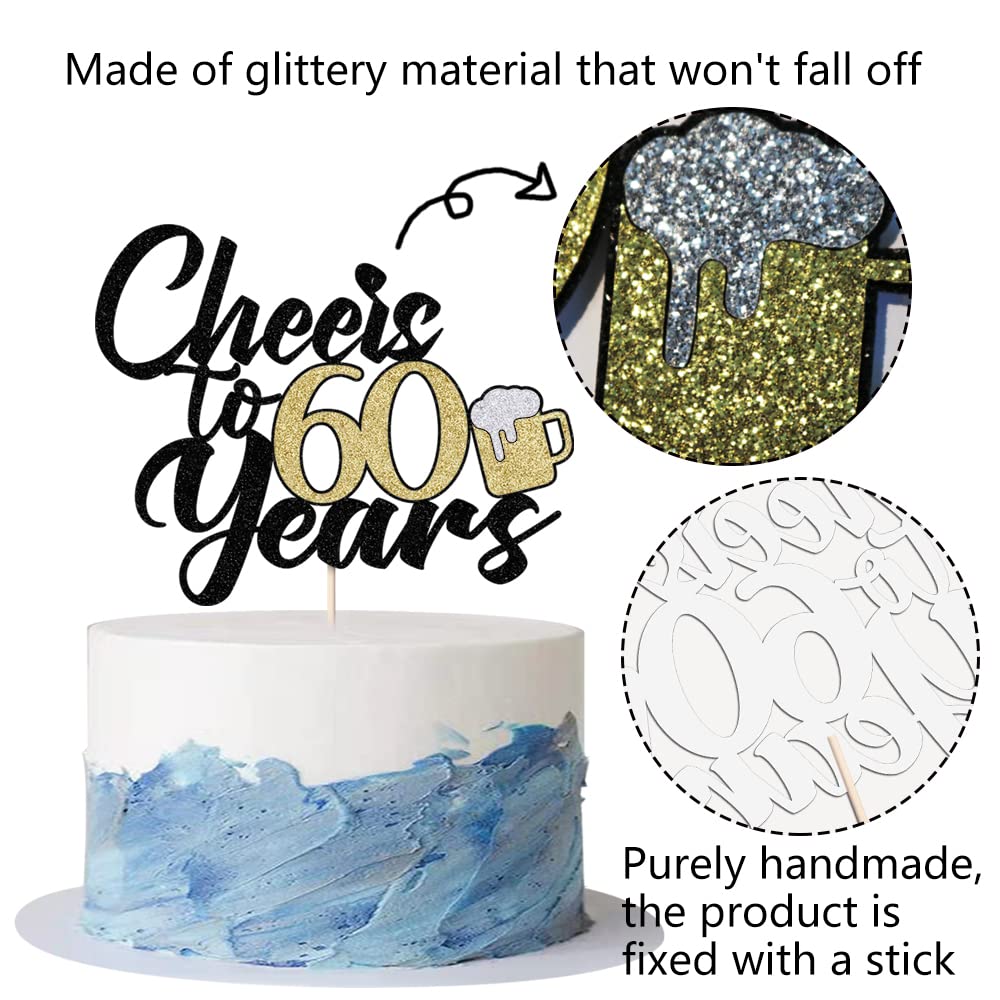 Kaoenla Black Gold Glitter 'Cheers To 60 Years' Beer Cake Topper - Elegant 60th Birthday Decor for Men & Women, 60th Wedding Anniversary Party Supplies, Milestone Celebration Cake Decoration (60) - Perfect for Retirement Parties, Diamond Anniversary Events & Golden Birthday Celebrations
