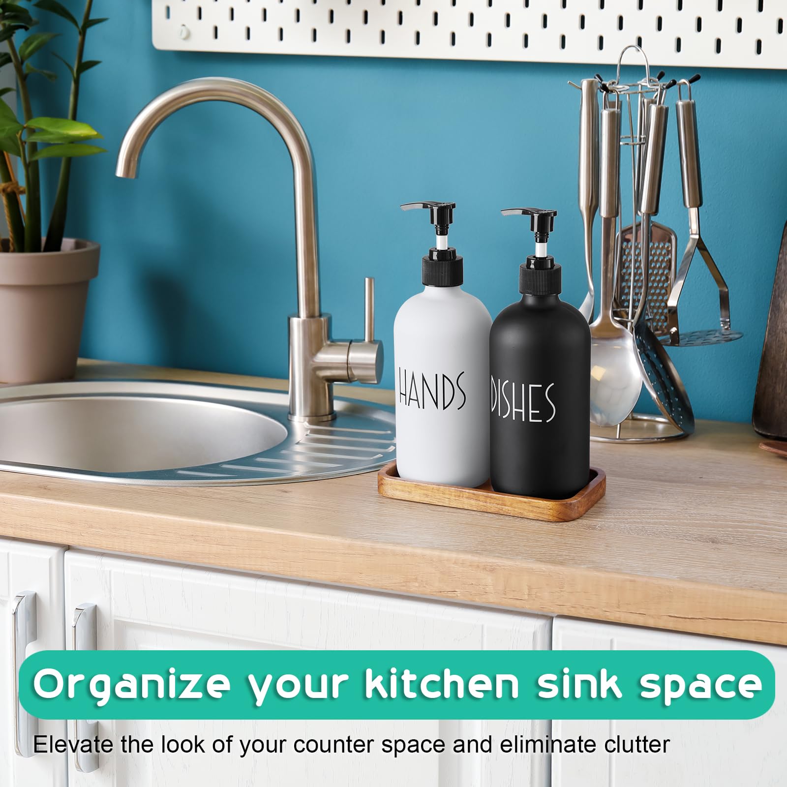 ALELION 16oz Glass Soap Dispenser with Acacia Wood Tray - Modern Farmhouse Kitchen & Bathroom Hand Soap Pump - Black & White Home Decor for Sink Countertop - Perfect for Kitchen, Bath, Laundry Room & Guest Washroom