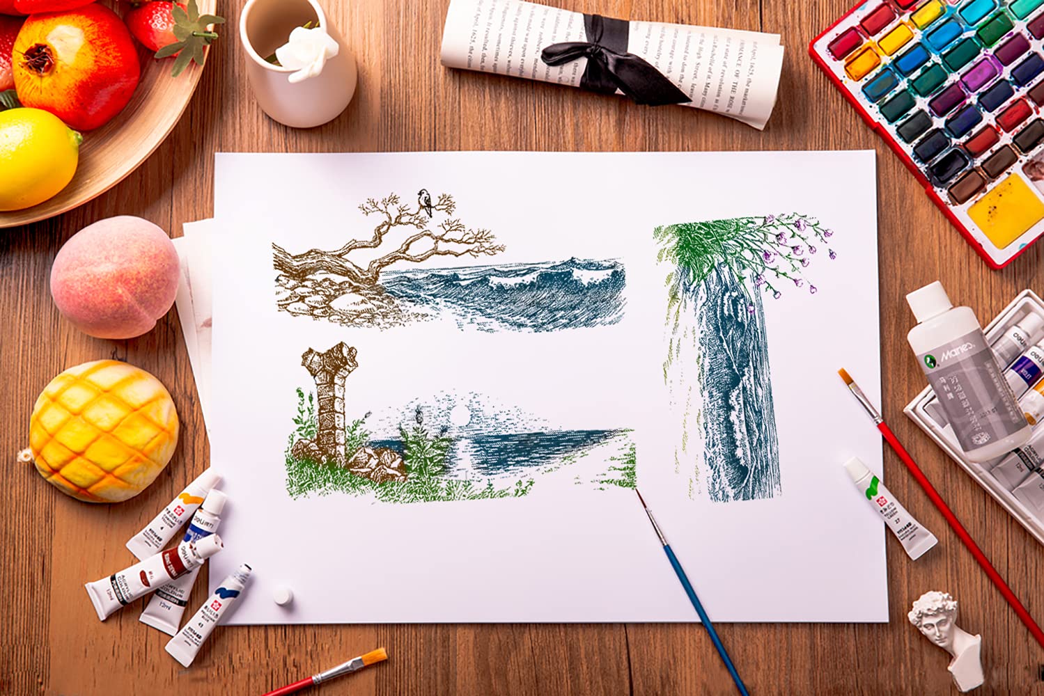 3Pcs Sea Mountain Scenery Clear Stamps for Card Making, DIY Scrapbooking - Lake River Landscape Background Transparent Rubber Stamps for Photo Album, Journaling & Crafting Supplies | Perfect for Greeting Cards, Invitations & Memory Books