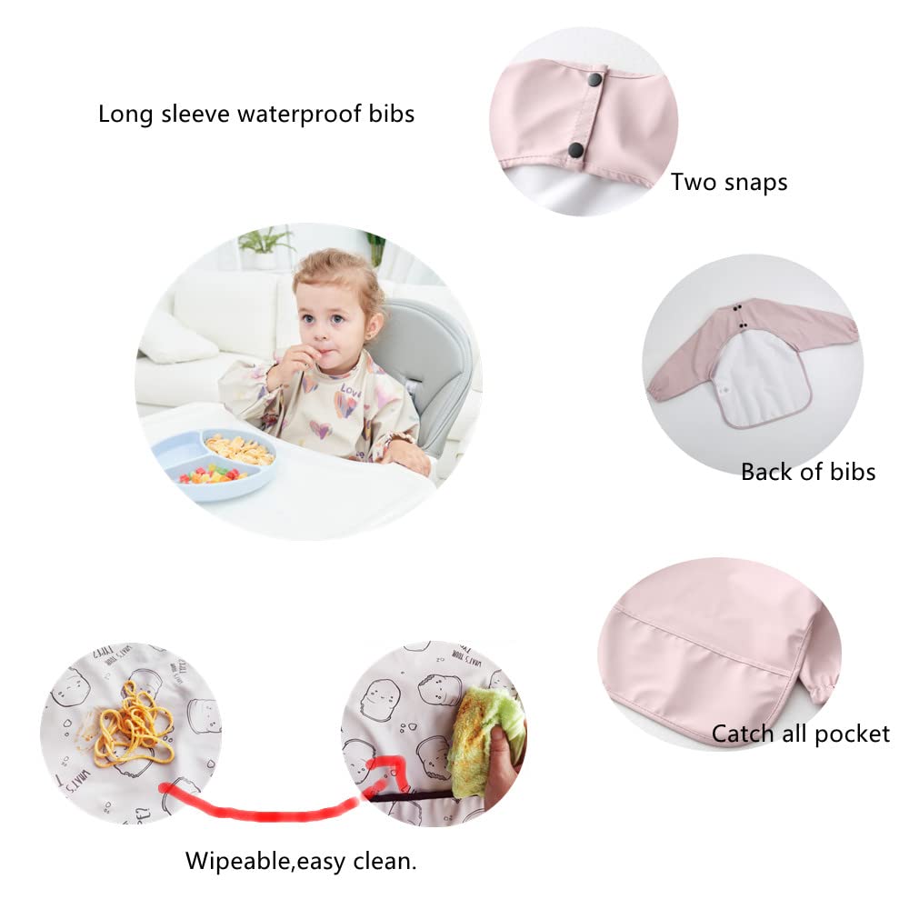 GZMM Waterproof Baby Bibs - Long Sleeve Infant Toddler Feeding Bib with Food Catcher | Washable & Easy to Clean | Perfect for Messy Mealtime, Baby Led Weaning & Toddler Feeding