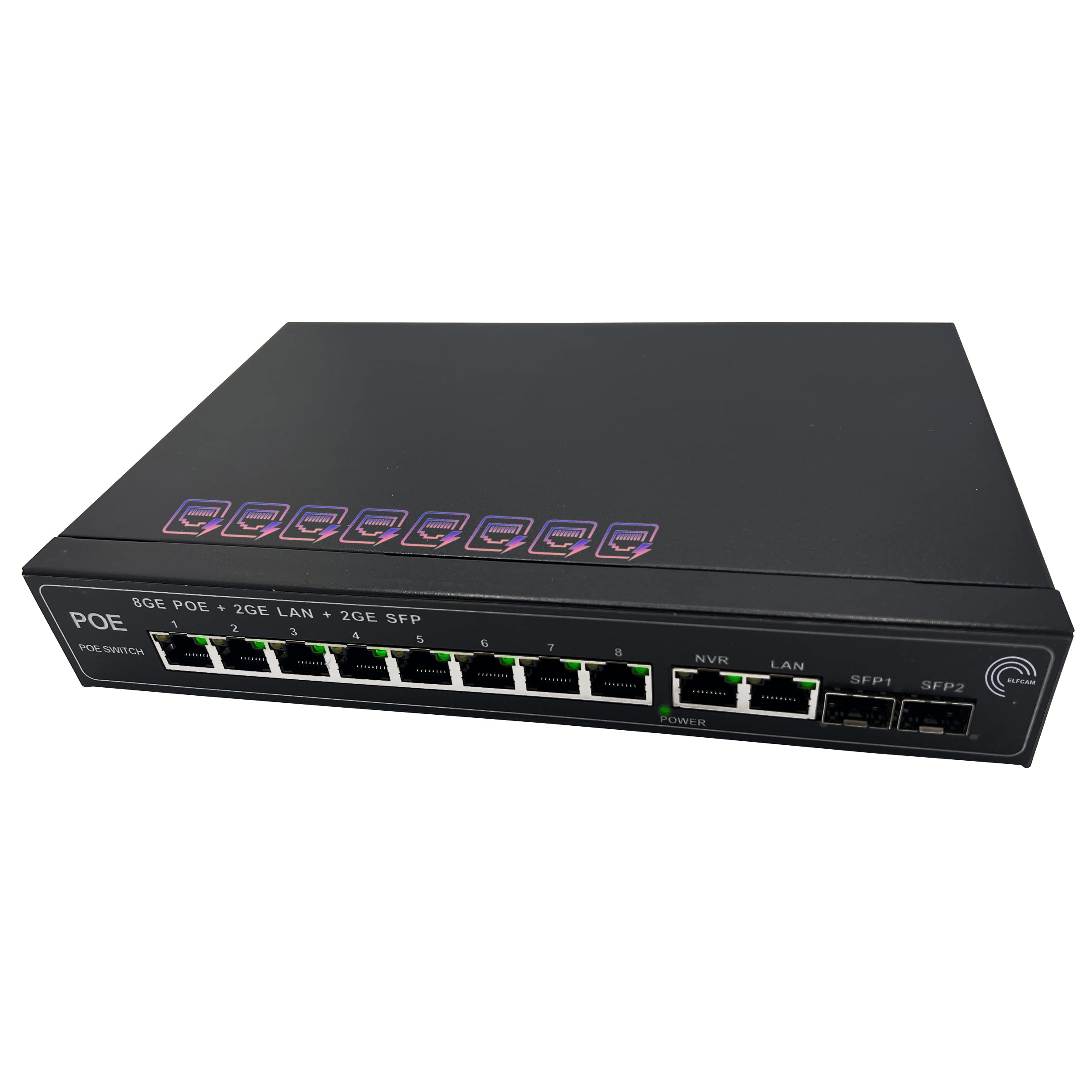 Elfcam® 8-Port Gigabit PoE Switch with 2 SFP Fiber Ports (1.25G) - Plug & Play Unmanaged Network Switch for Home/Office - 10/100/1000Mbps Ethernet, Power Over Ethernet for IP Cameras & VoIP Phones