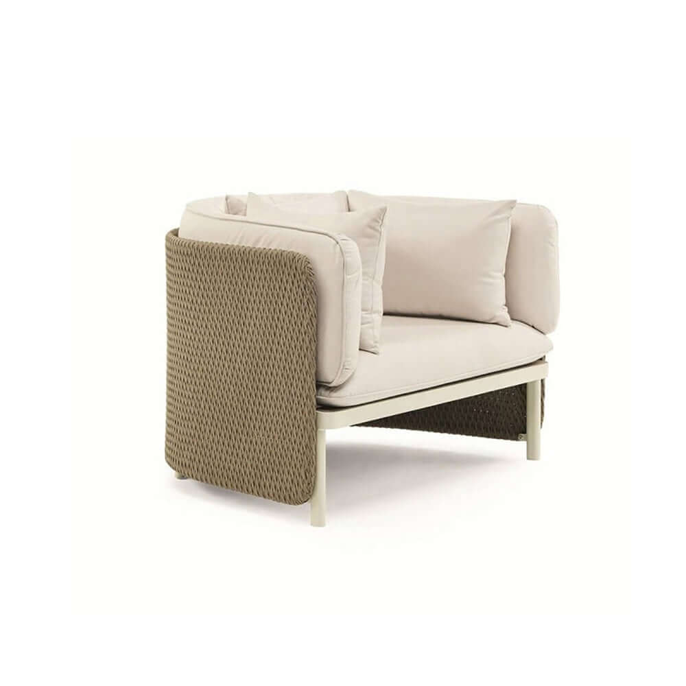 Khaki & Cream White Rattan Outdoor Armchair - Patio Accent Chair with Cushion Pillow - Perfect for Garden, Poolside & Backyard Relaxation