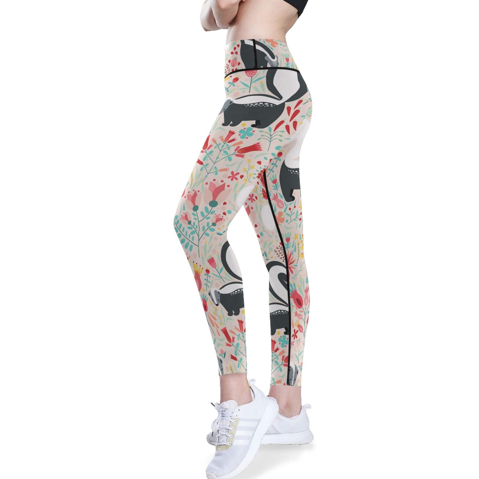 Black White Skunks Floral Yoga Pants - High Waist Tummy Control Leggings for Women, Workout & Running (XXL) - Gym & Lounge Wear
