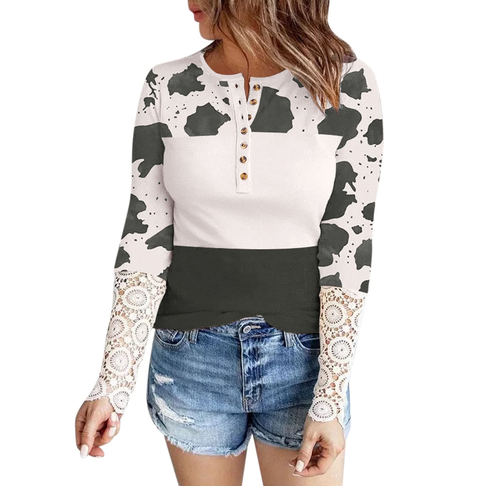Women's Long Sleeve Waffle Knit Tunic Top - Color Block Tie Dye Casual Blouse with Lace Crochet Detail | Warm Thermal Sweatshirt for Fall & Winter | Perfect for Work, Date Night and Weekend Outings