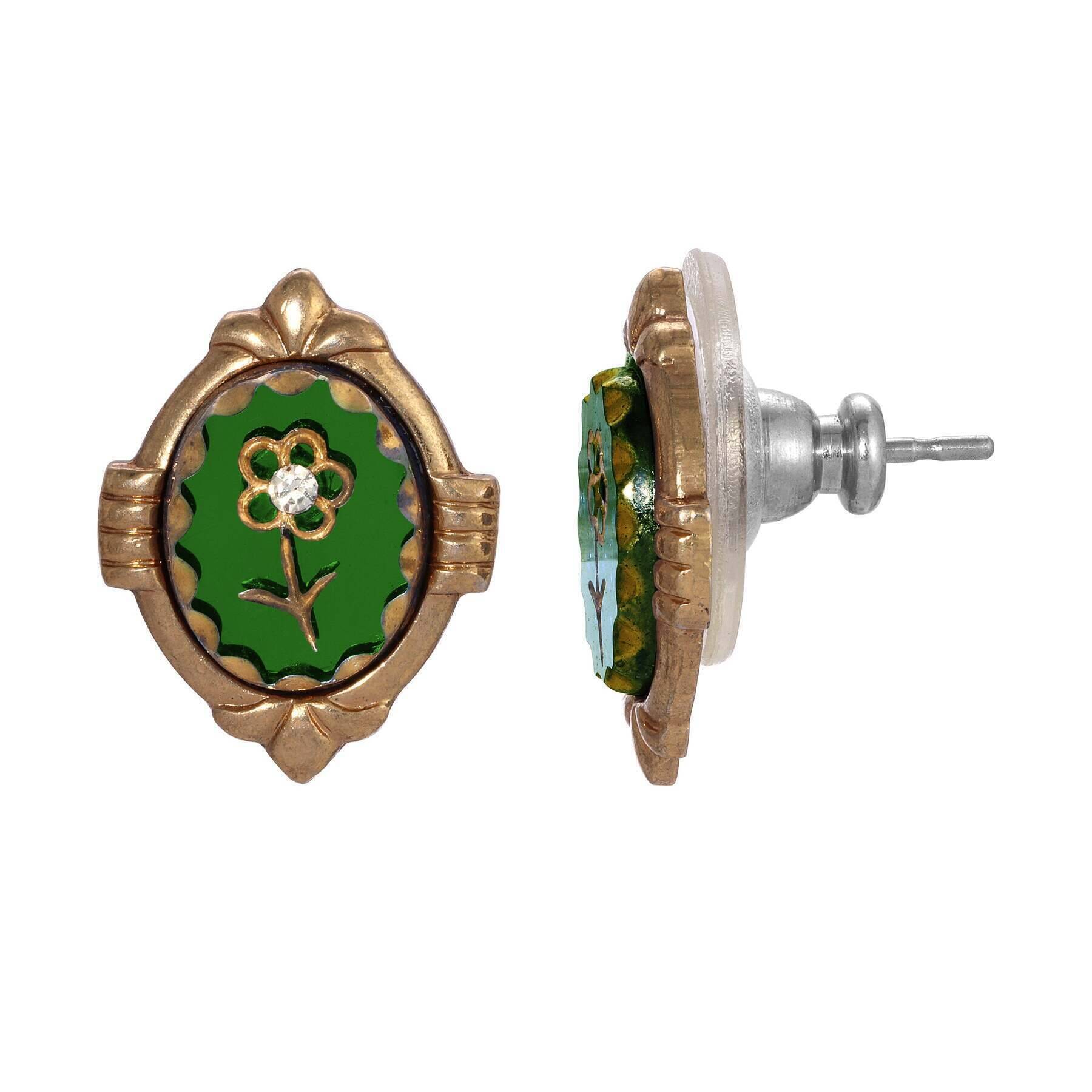 1928 Jewelry Intaglio Emerald Green Flower & Crystal Post Stud Earrings for Women - Vintage Style Dainty Earrings for Daily Wear, Party & Special Occasions